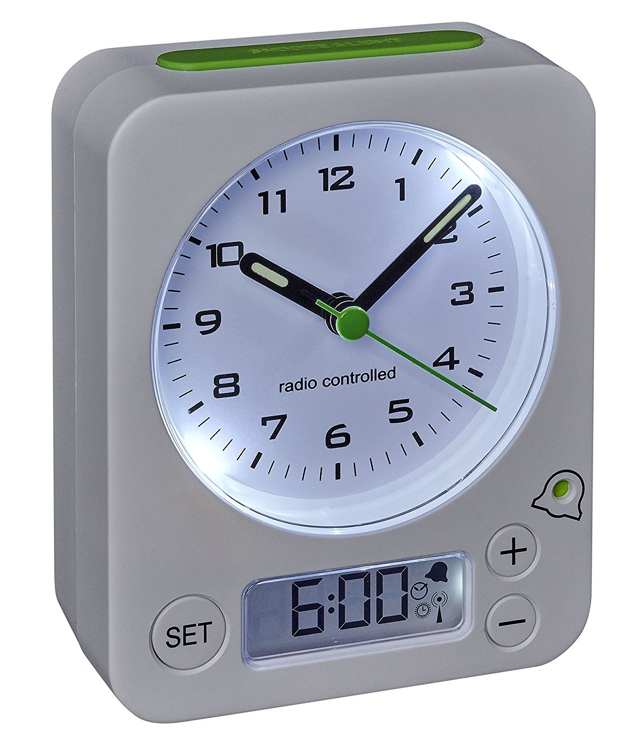 TFA-Dostmann 60.1511 Radio Despertador Combo Reloj Despertador de Viaje analógica, Blanco-Verde con baterías