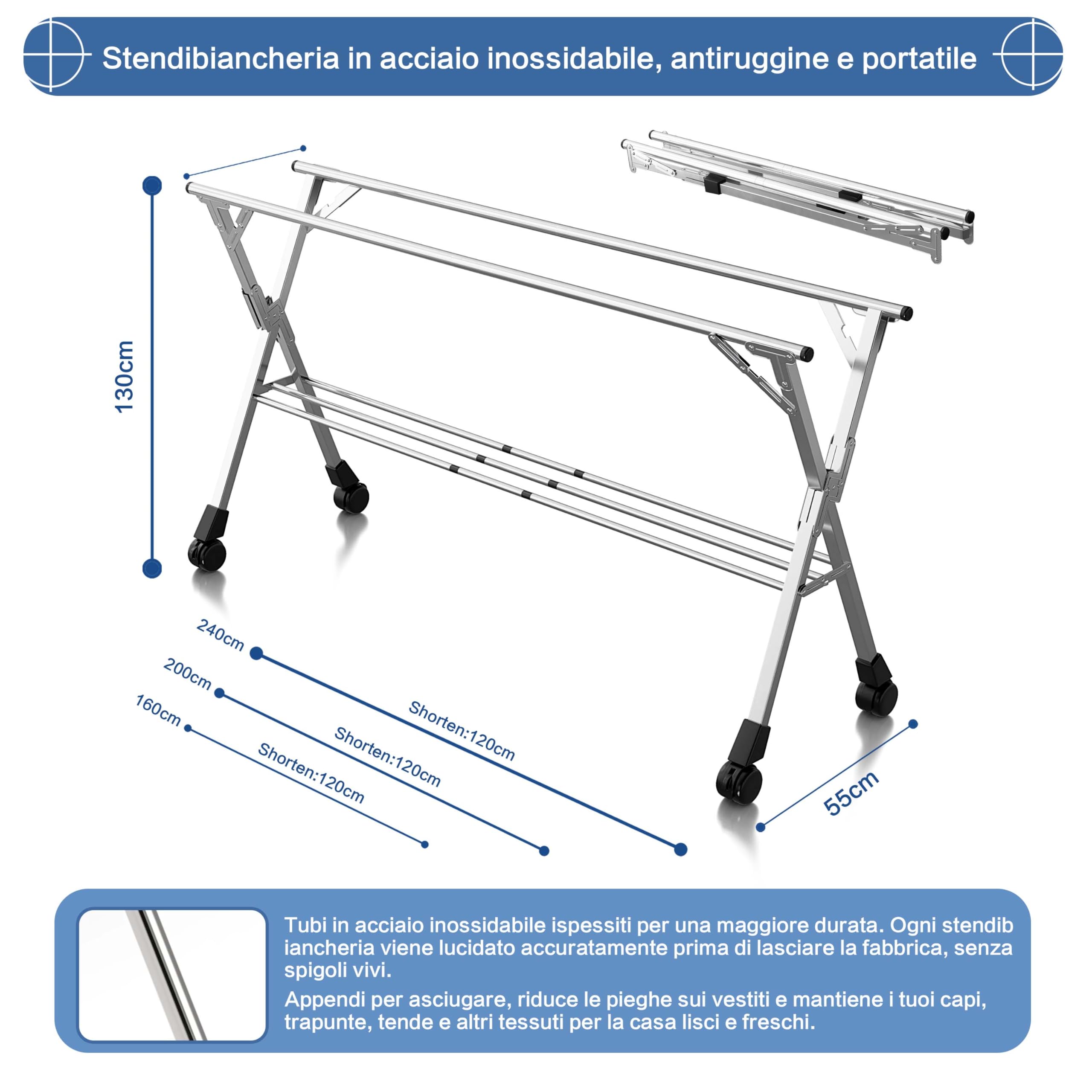 Kiseely Stendibiancheria pieghevole da 240cm per interni ed esterni, stendibiancheria pieghevole, stendibiancheria in acciaio inossidabile resistente, appendiabiti, 20 ganci e 12 clip (240cm)