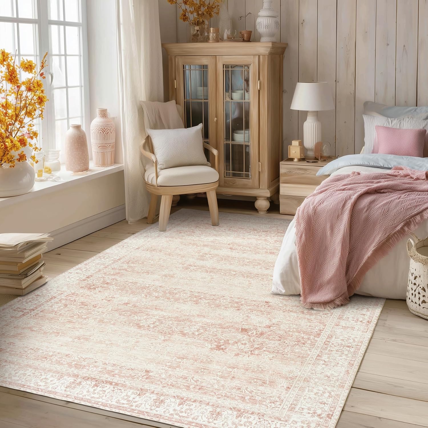 Pink Nursery Rug for Baby Girl 5 x 7 Neutral Blush Pink Boho Cute Floral Foldable Machine Washable Low Pile Soft Surface Carpet Area Rugs for Living Room Bedroom Dorm Kids Playroom,5x7 - Image 9