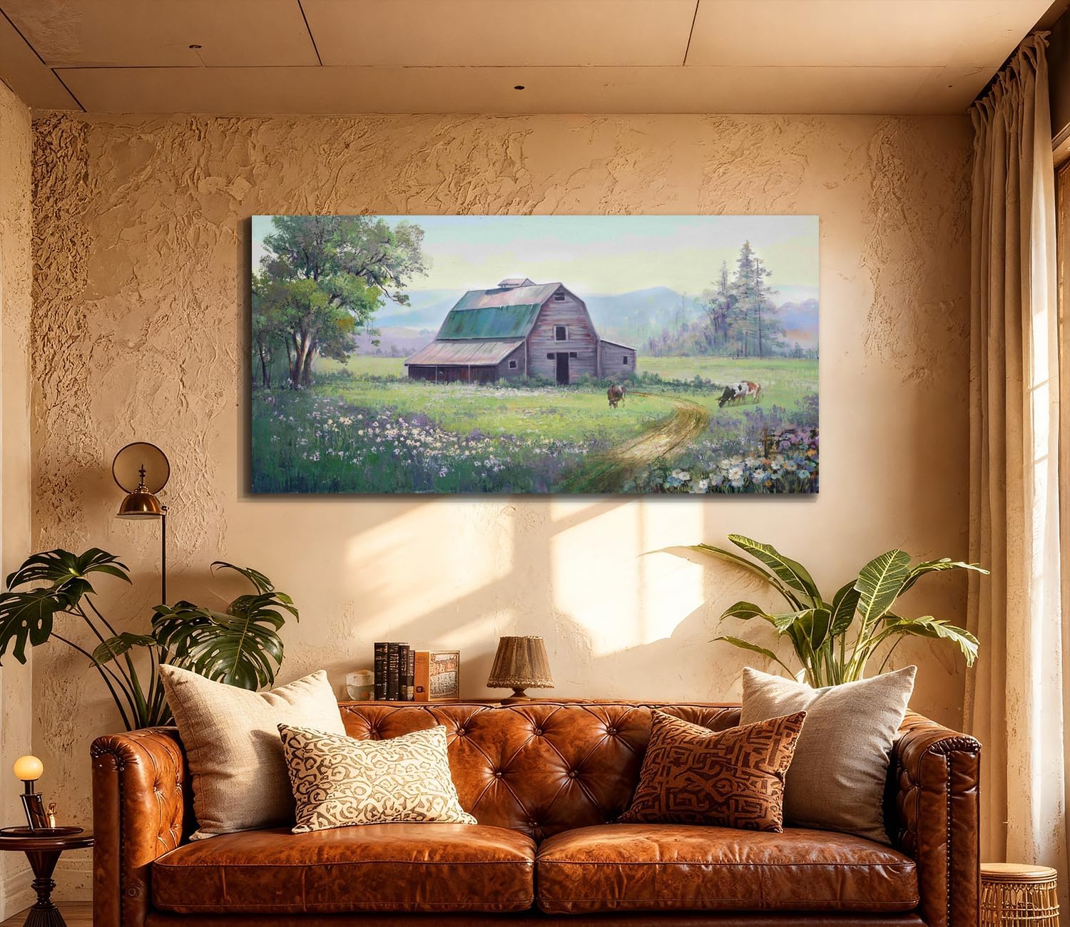 Acocifi Barn Picture Fall Wall Art for Farmhouse, Rustic Landscape Painting Farm Cow Print Textured Artwork Extra Large Framed for Living Room Bedroom Dining Room Kitchen Office Home Decor 58"x29"