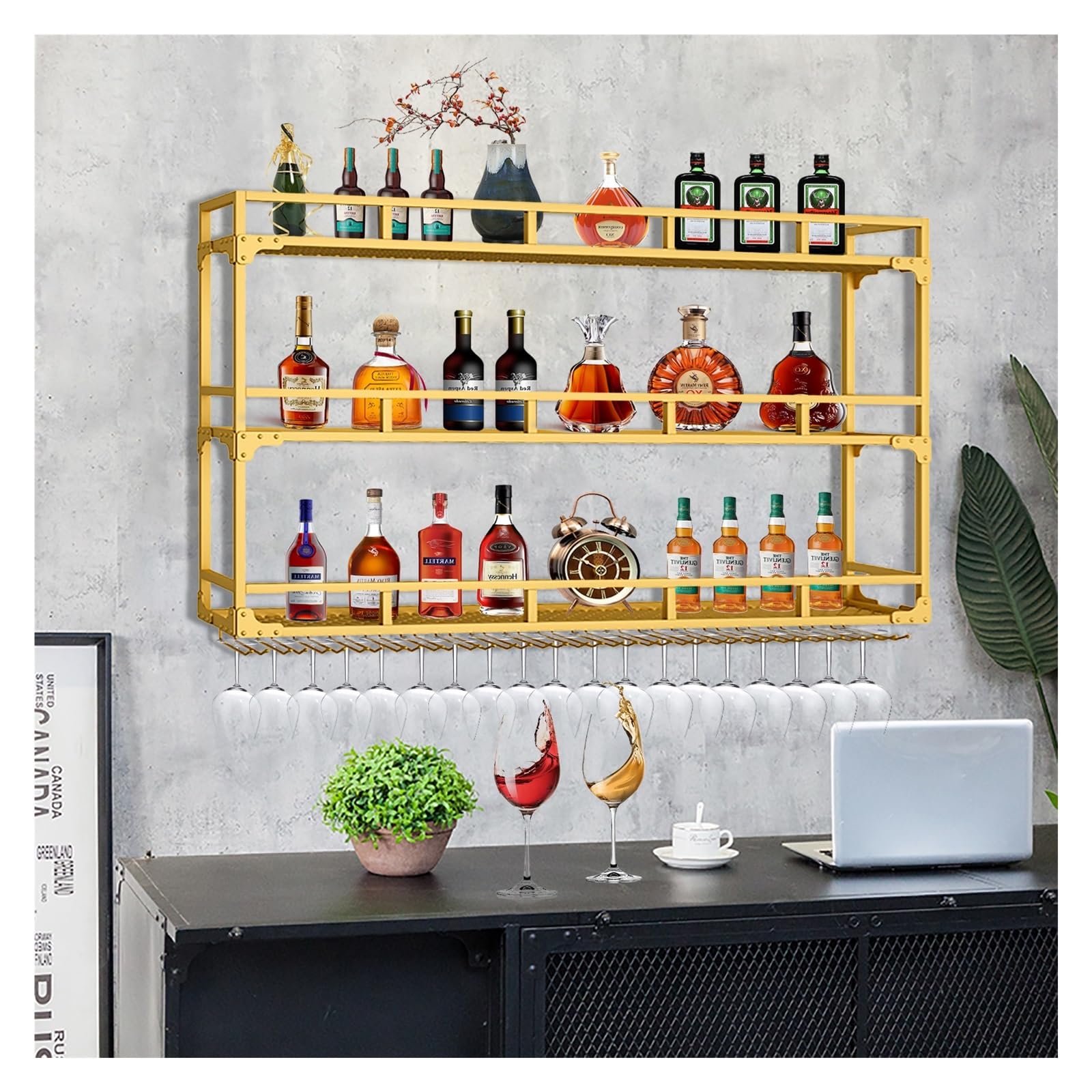 Casier à vin mural avec LED en métal et support de verres pour cuisine