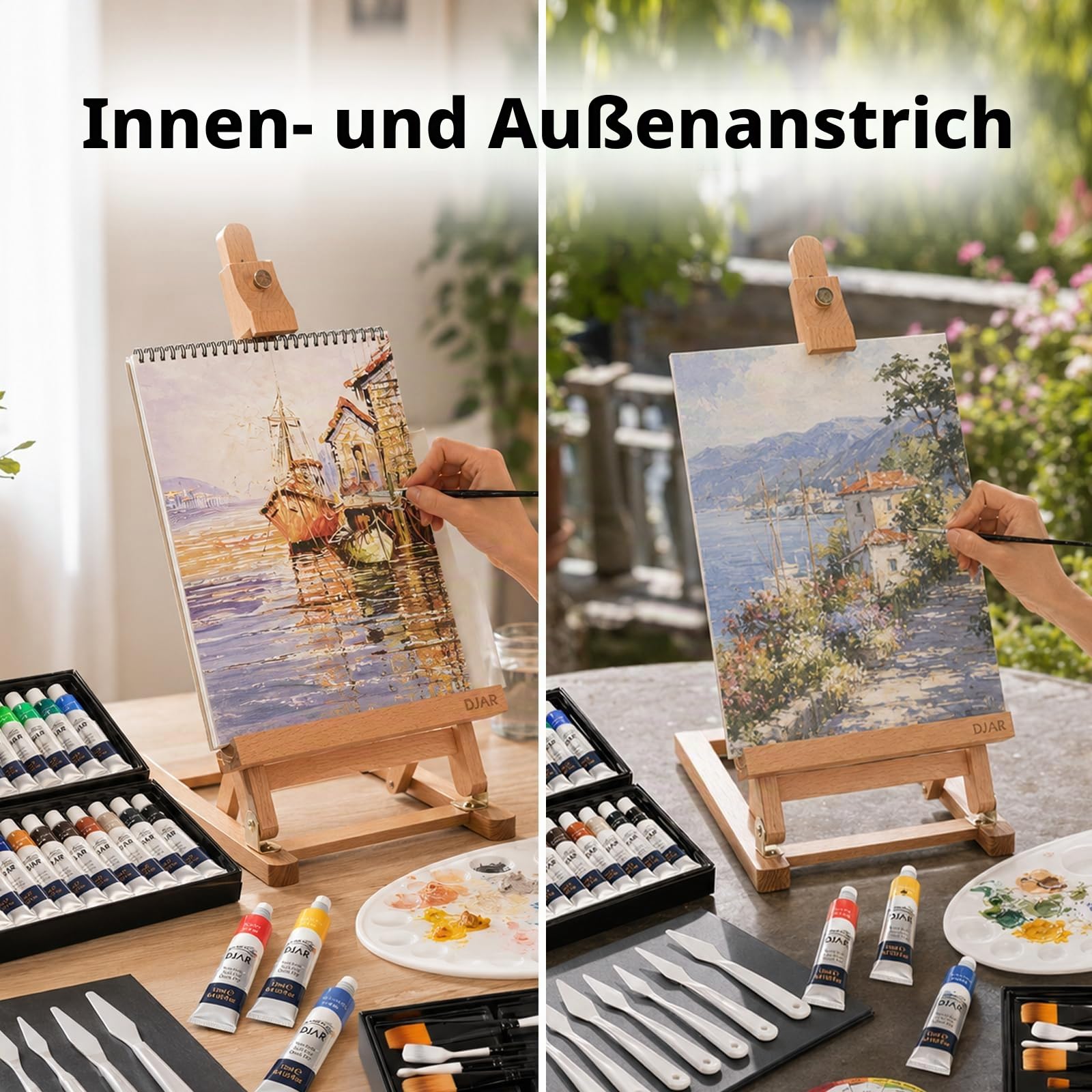 DJAR 49-teiliges Acryl Malset mit 64 cm Tischstaffelei, Verstellbares Buchenholz Malset mit 24 Farben, Leinwänden und Palette für Künstler