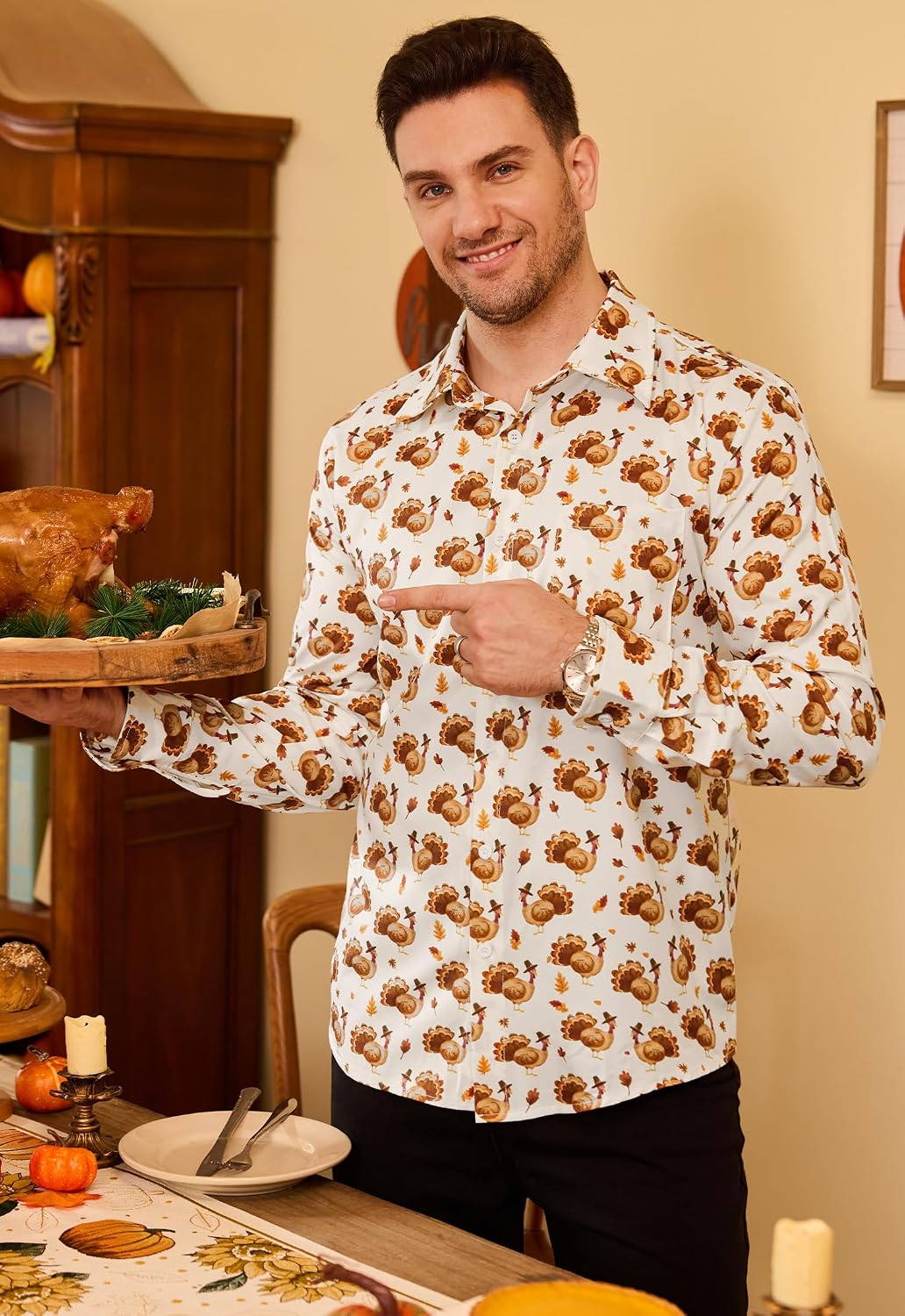 Arvilhill Men's Thanksgiving Long Sleeve Shirt Turkey Pattern Button Down Shirts Family Gathering Fall Festival Wear (S-3XL)