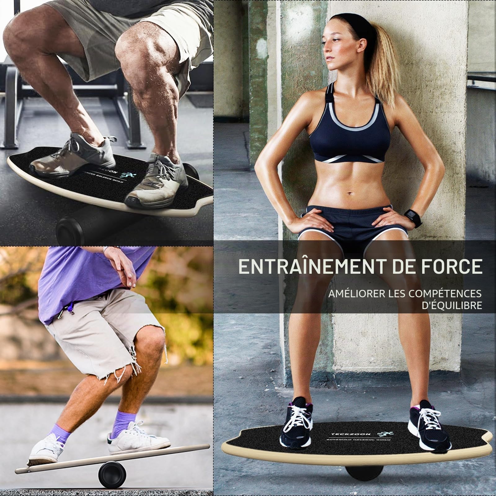 Planche d’Équilibre Bois, Planche d’Équilibre Pro avec Rouleau, Balle d’Équilibre, Support, Planche Multifonction Intérieure de Skateboard & Surf, Planche de Tricks pour Fitness, Yoga & Rééducation