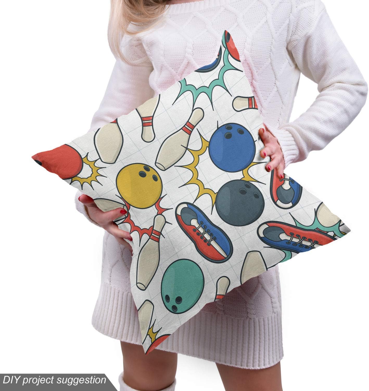 Ambesonne Bowling Fabric by The Yard, Color Doodle Design on Notebook Sheet Backdrop Ball Pins and Shoes in Retro Style, Decorative Fabric for Upholstery and Home Accents, 3 Yards, Pastel Seafoam
