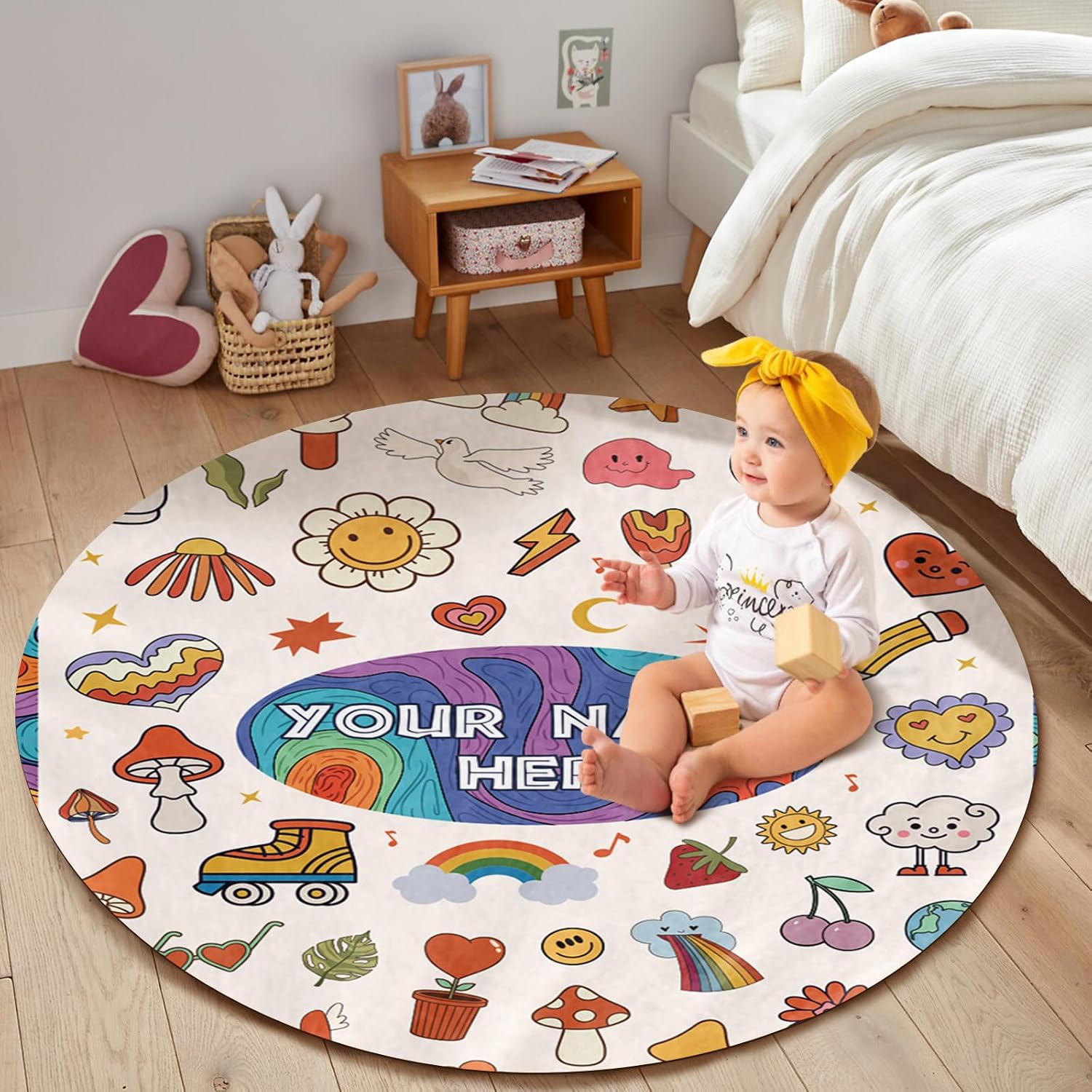Custom Name Baby Rug - Nursery Mat for Baby Boys & Girls - Tummy Time, Crawling, Round Rug - Fit Nursery & Bedroom - Colorful Cartoon (39.37"X39.37")