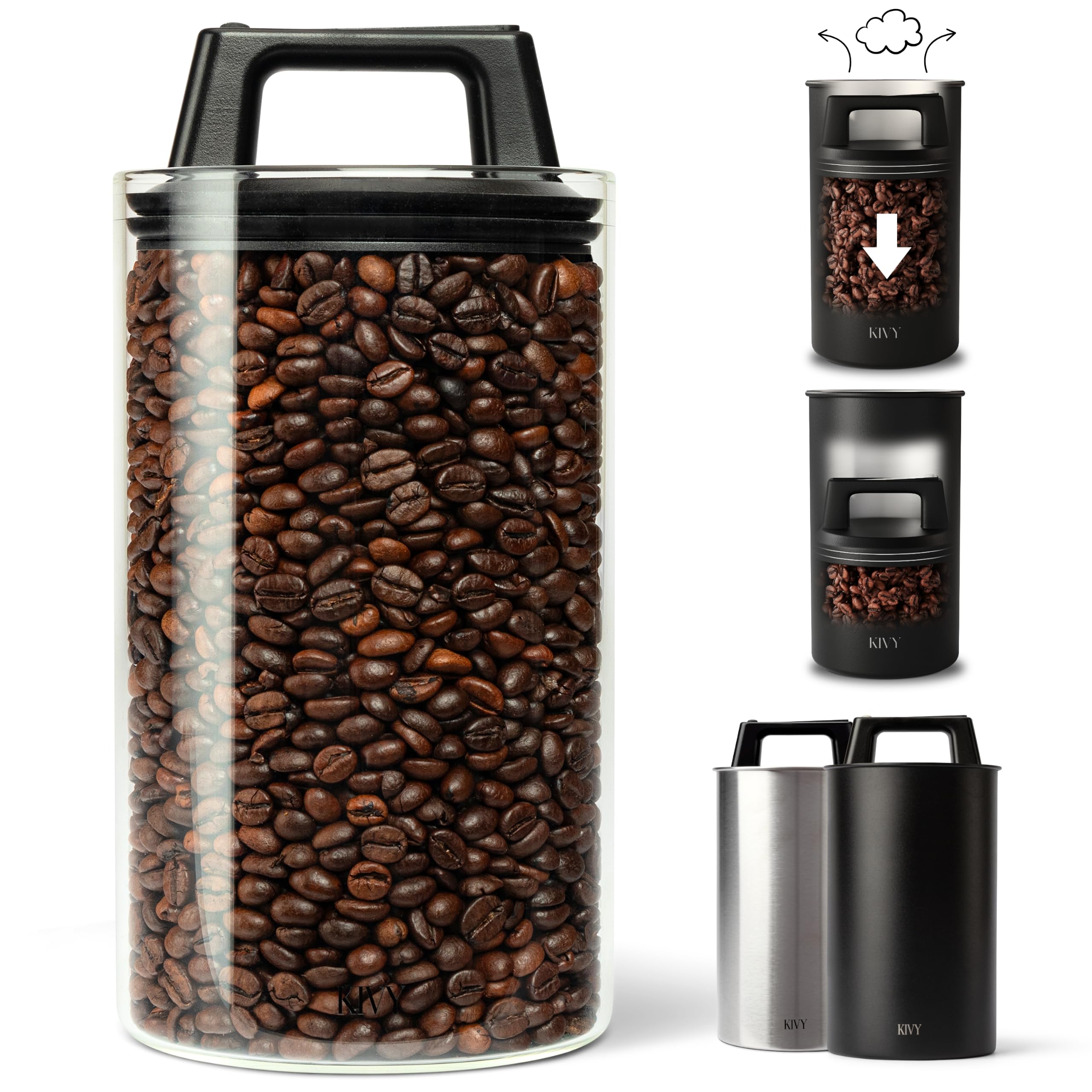 KIVY Vacuum Coffee Canister - Push Lid Preserves Coffee Aroma &amp; Oil - Glass