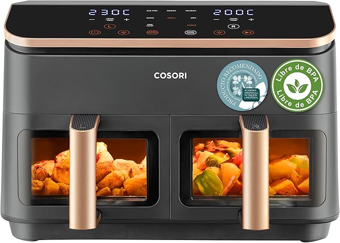 Cosori Freidora de Aire True Acero Inox-Doble Cesta 8,5L-Grande Air Fryer-Sync Cook de Alta Tecnología-Alta Potencia y Velocidad-55% de Ahorro Energético-10 Funciones-Máx 10 Personas-Limpiable