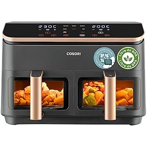 Cosori Freidora de Aire True Acero Inox-Doble Cesta 8,5L-Grande Air Fryer-Sync Cook de Alta Tecnología-Alta Potencia y Velocidad-55% de Ahorro Energético-10 Funciones-Máx 10 Personas-Limpiable