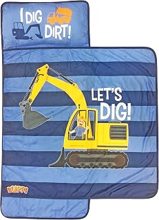 Blippi Truck Stripes Nap Mat - Built-in Pillow and Blanket - Super Soft Microfiber Kids'/Toddler/Children's Bedding, Ages 3-5 (Official Blippi Product)