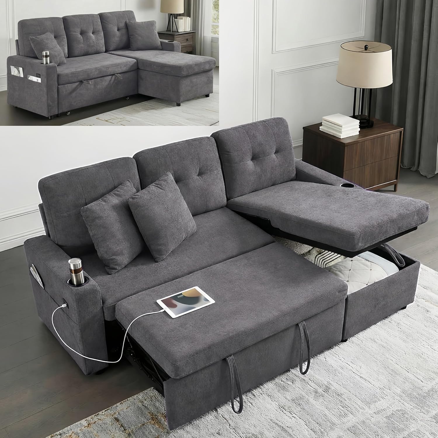 Convertible Sleeper Sofa Bed with Pull Out Couch, L Shaped Couch with Chaise Storage, USB Charge & Cup Holder, Small Sectional Couches for Living Room, Apartment | Terry Cloth | 82" | Light Grey