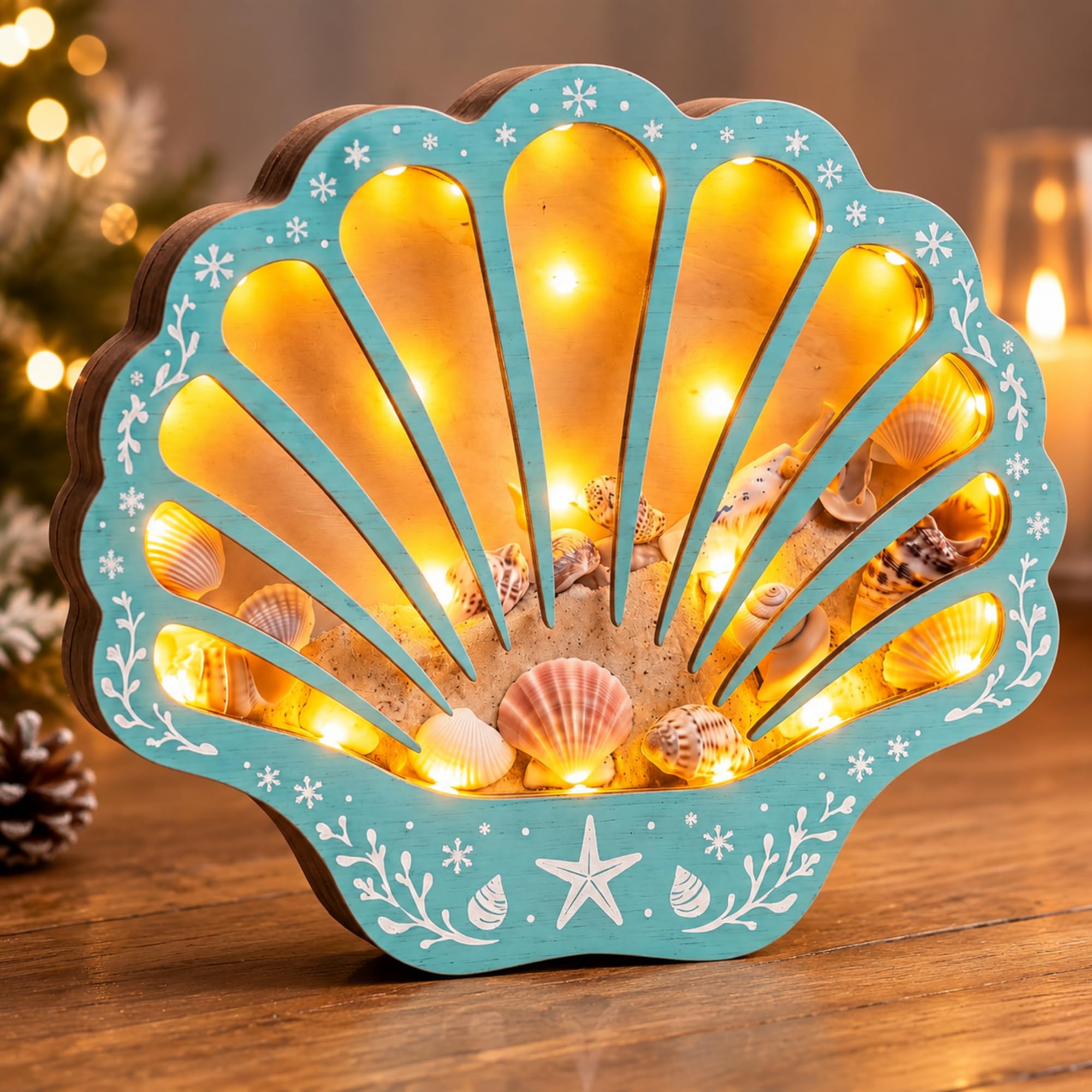 FoldTier Seashell Display Case with Lights Wooden Seashell Holder