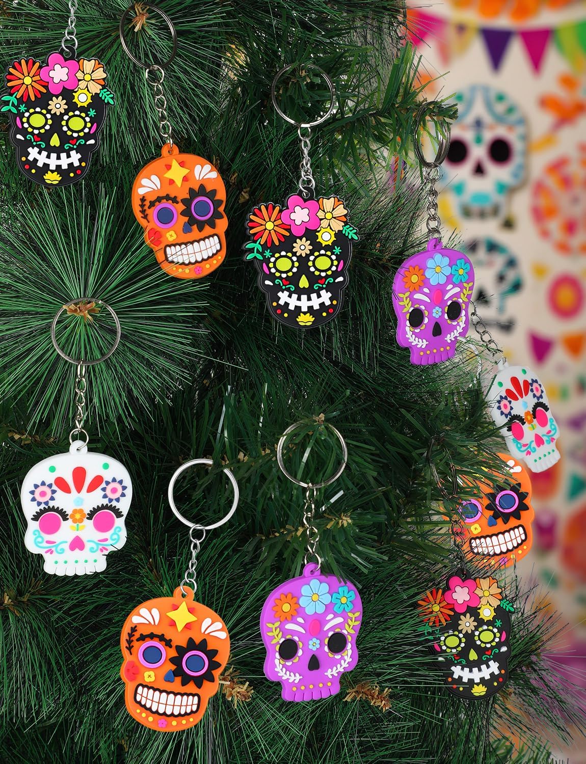 Day of The Dead Ornaments,Dia De Los Muertos Skull Keychain,Halloween Hanging Skeleton Head Decorations for Xmas Tree