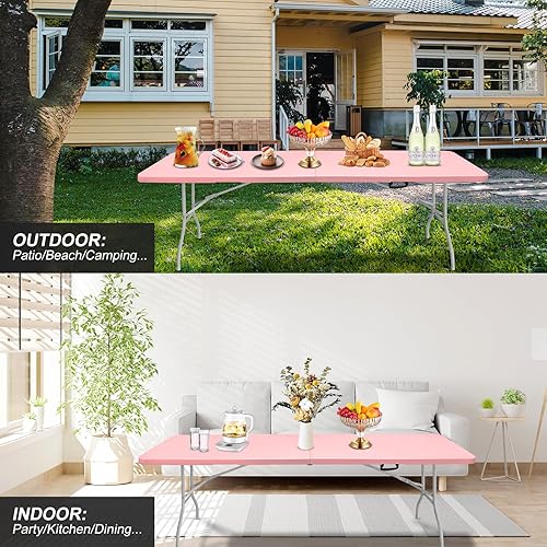 Miniatura 77 de Mesa plegable de plástico portátil de 4 pies/6 pies/8 pies, mesa de comedor de picnic blanca y negra, plegable por la mitad para campamento, fiesta