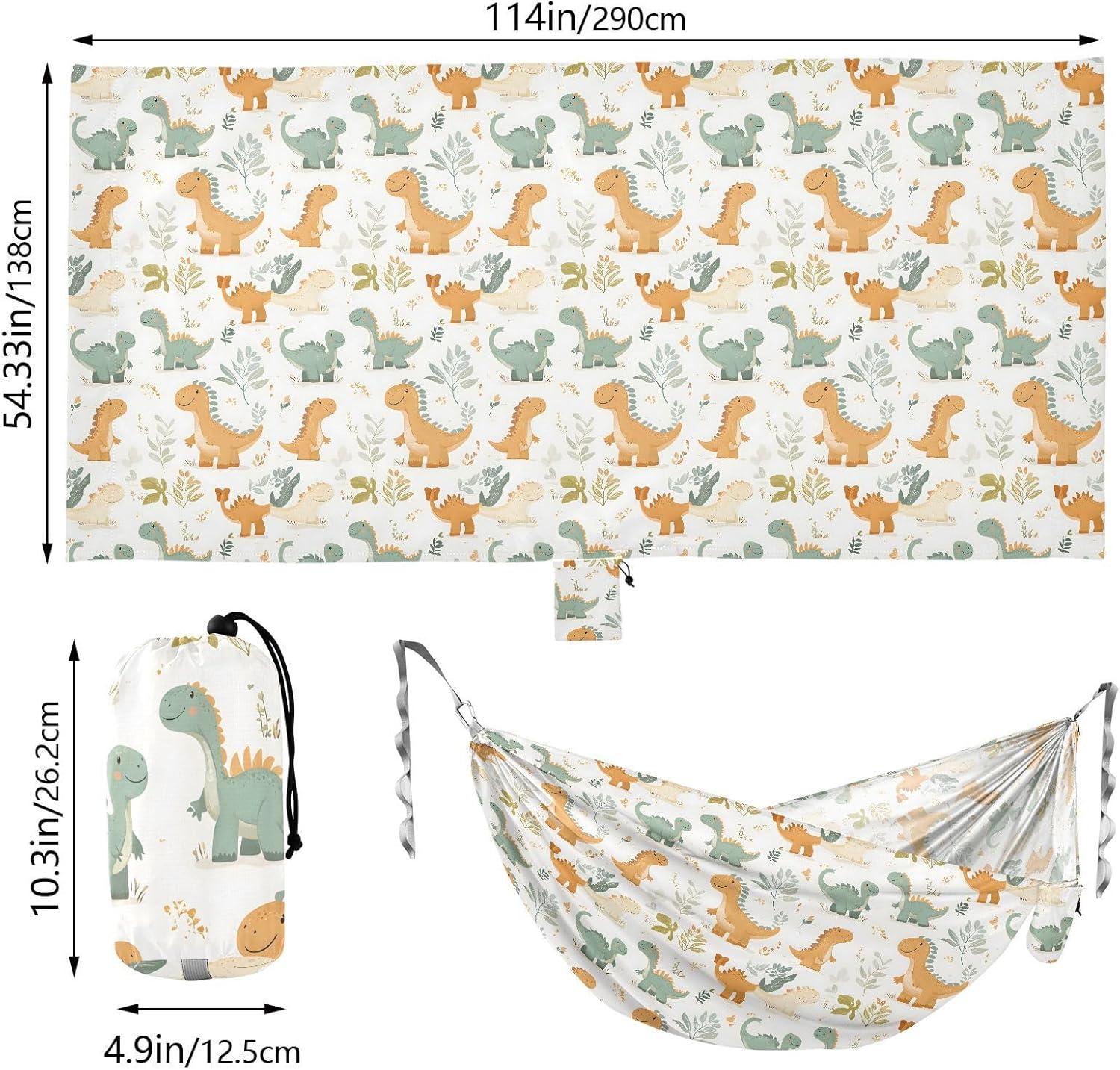 ALAZA Dinosaurs Dino Cartoon Camping Hammocks Single or 2 Person 500 lbs Portable Parachute Travel Hammock w/Tree Straps for Hiking Backpacking Indoor Outdoor