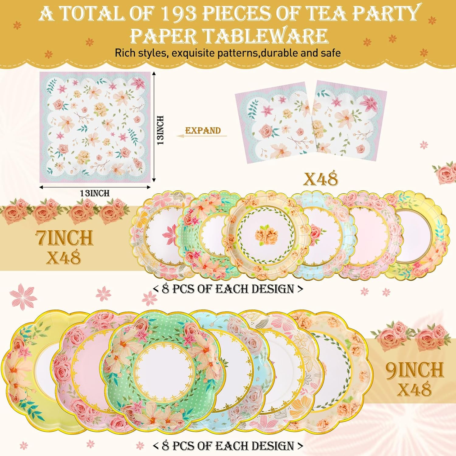 Yungyan 193 Pcs 48 Guests Tea Birthday Party Supplies Disposable Tableware Set 9 oz Paper Tea Cups with Handle, 7" 9" Paper Plates, Napkins, Tablecloth for Floral Party Wedding Baby Shower