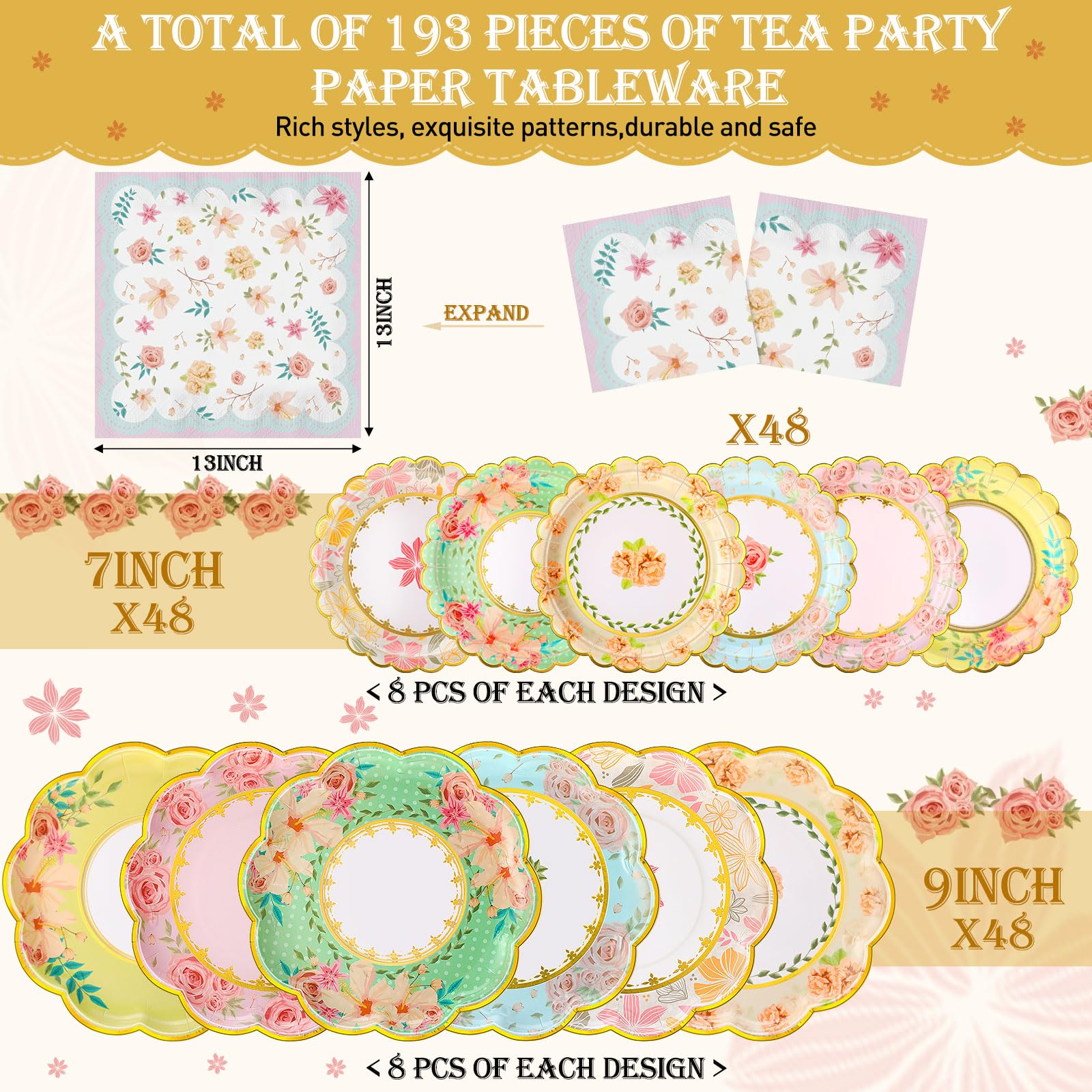 Yungyan 193-teiliges Einweggeschirr-Set mit 266 ml Pappbecher mit Griff, 17,8 cm 22,9 cm Pappteller, Servietten, Tischdecke für Blumen-Teeparty, Hochzeit, Geburtstag, 193-teilig