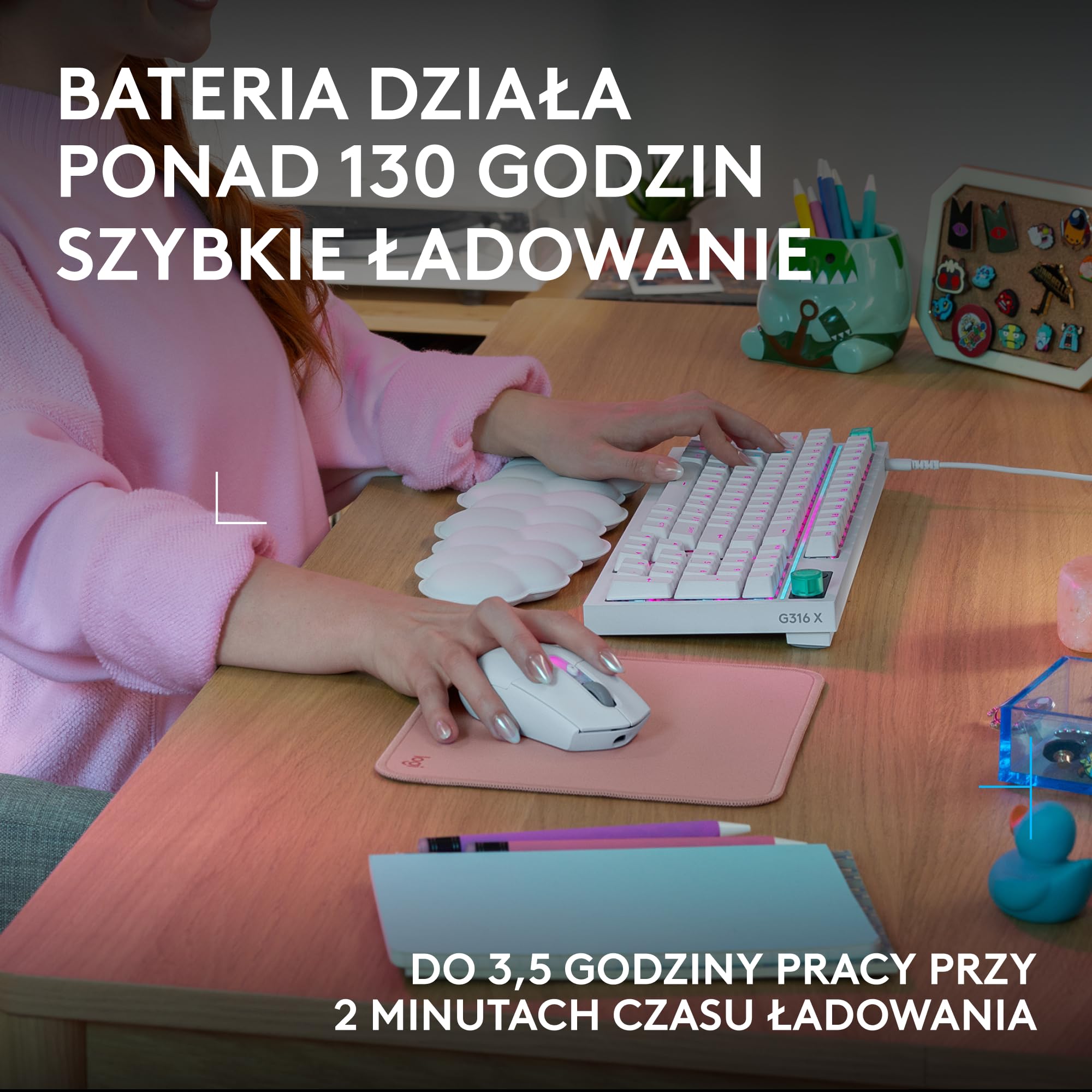 Logitech G G316 X 98, klawiatura do gier,8 kHz,wymienne sprężynujące przełączniki,konstrukcja uszczelkowa, US INT'L QWERTY+G305 X SUPERLIGHT bezprzewodowa mysz gamingowa,lekka 61 g ładowalna, PC-Biały