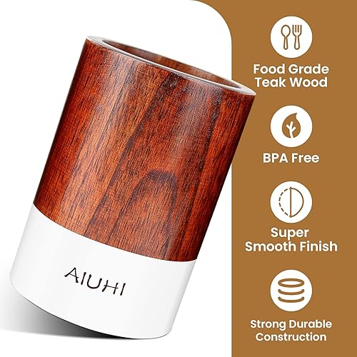 Miniatura 10 de Soporte de madera para utensilios de cocina para encimera, organizador de utensilios de teca, soporte de madera para utensilios de cocina, para