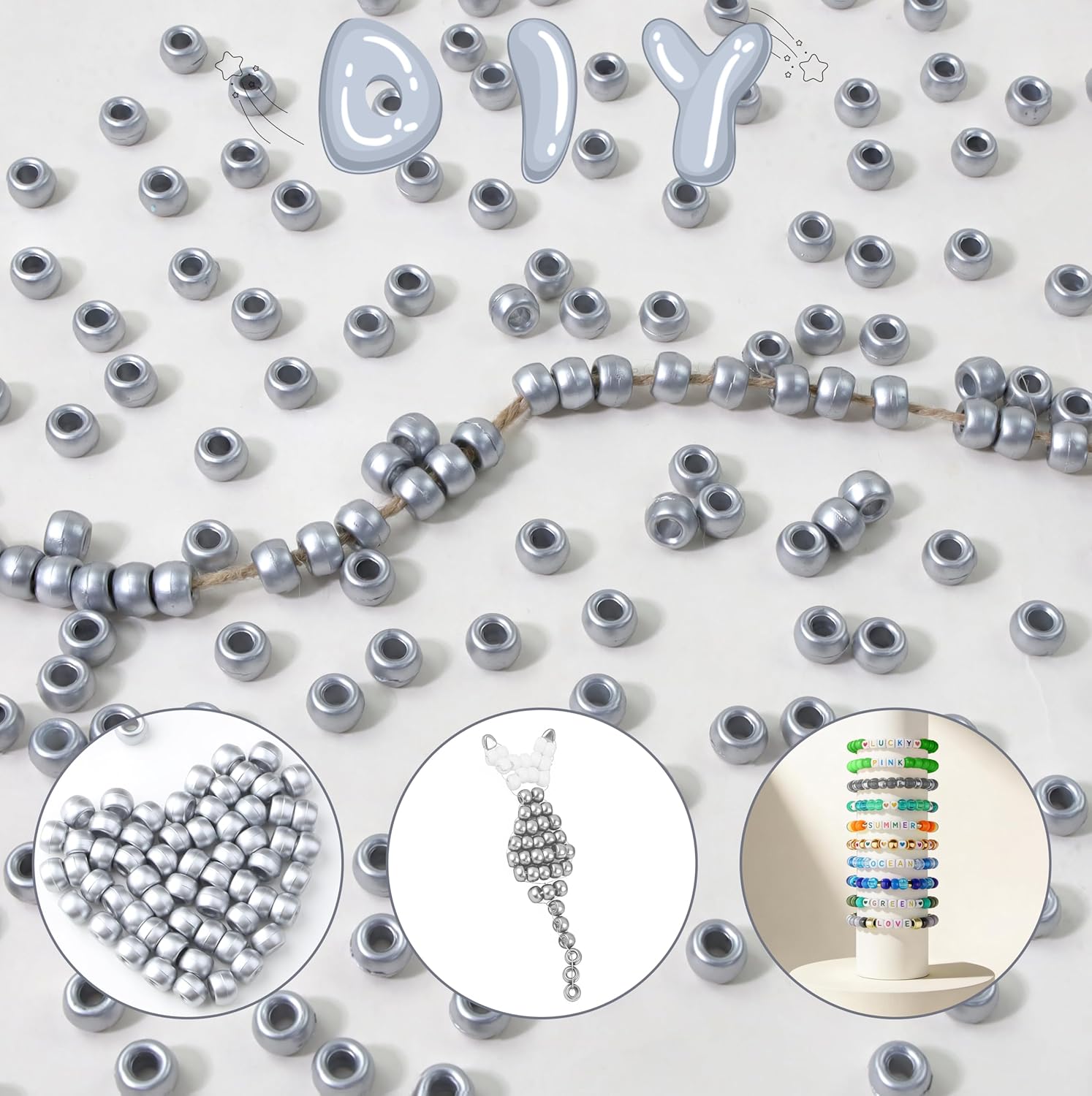 1000Pc Boxed Silver Pony Beads, 9MM Metallic Plastic Craft Beads with Large Hole, Silver Hair Bead for Braids, Bracelet Bead for Jewelry Making - Image 4