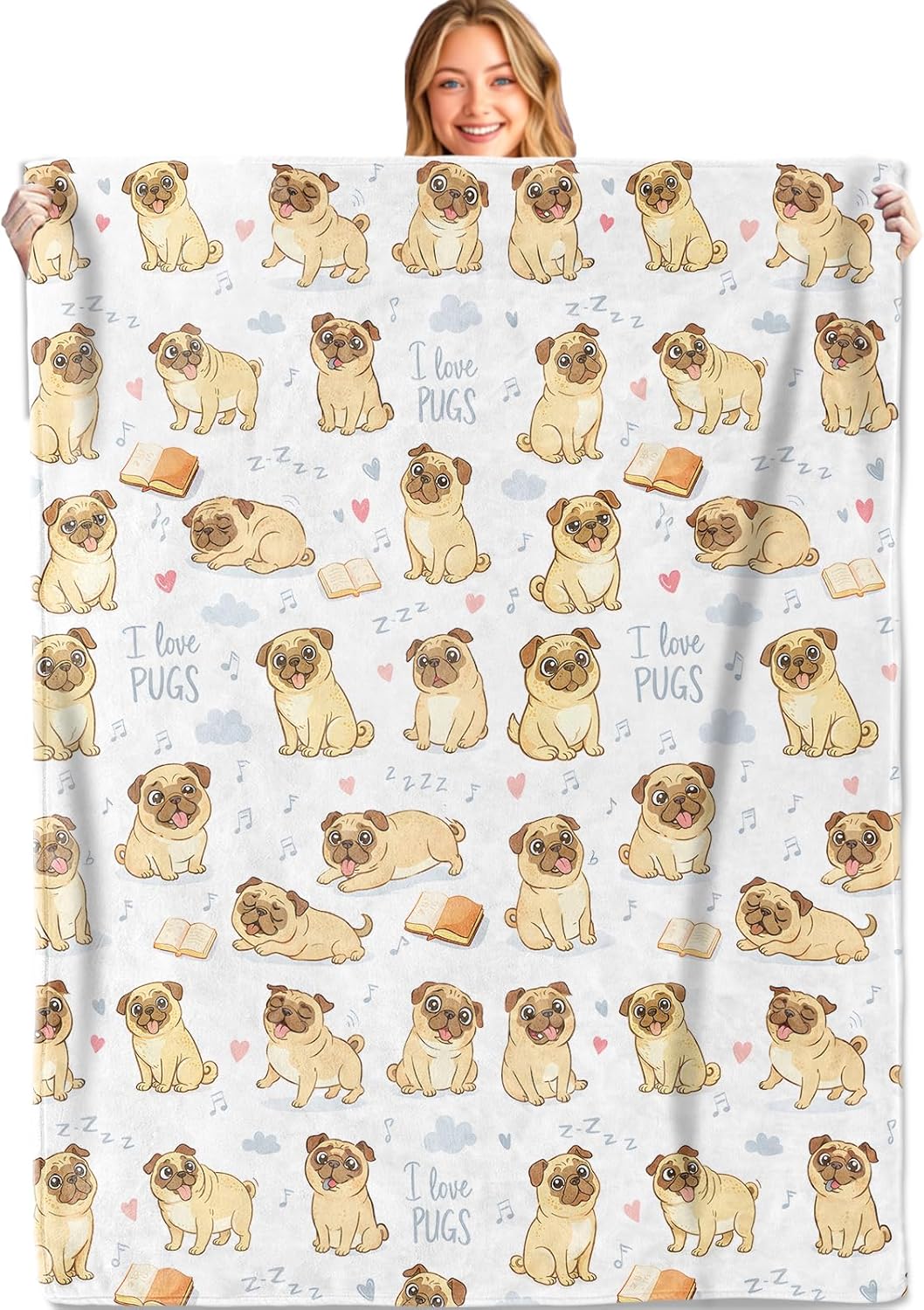 Cute Pug Blanket Soft Lightweight, Playful Cartoon Dog Flannel Throw Blankets for Couch Sofa Camping Office Travel Home Bedroom Decor, Kids Women and Pet Lovers Gifts 60"X50"