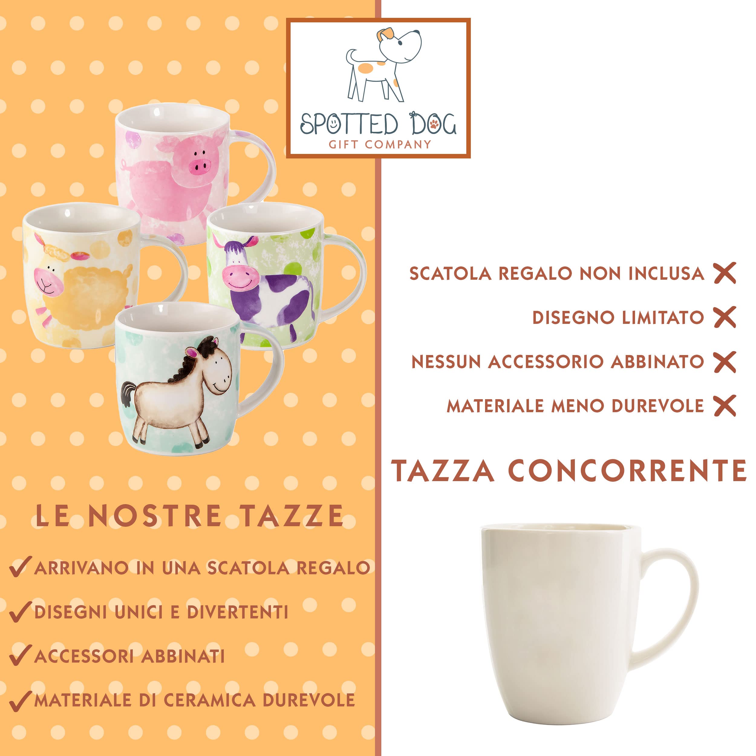 SPOTTED DOG GIFT COMPANY Set di 4 Tazze da Caffè in Ceramica 350 ml per Caffè e Tè, Tazze con Animali da Fattoria, Pecora Mucca Cavallo e Maiale, per Adulti e Bambini