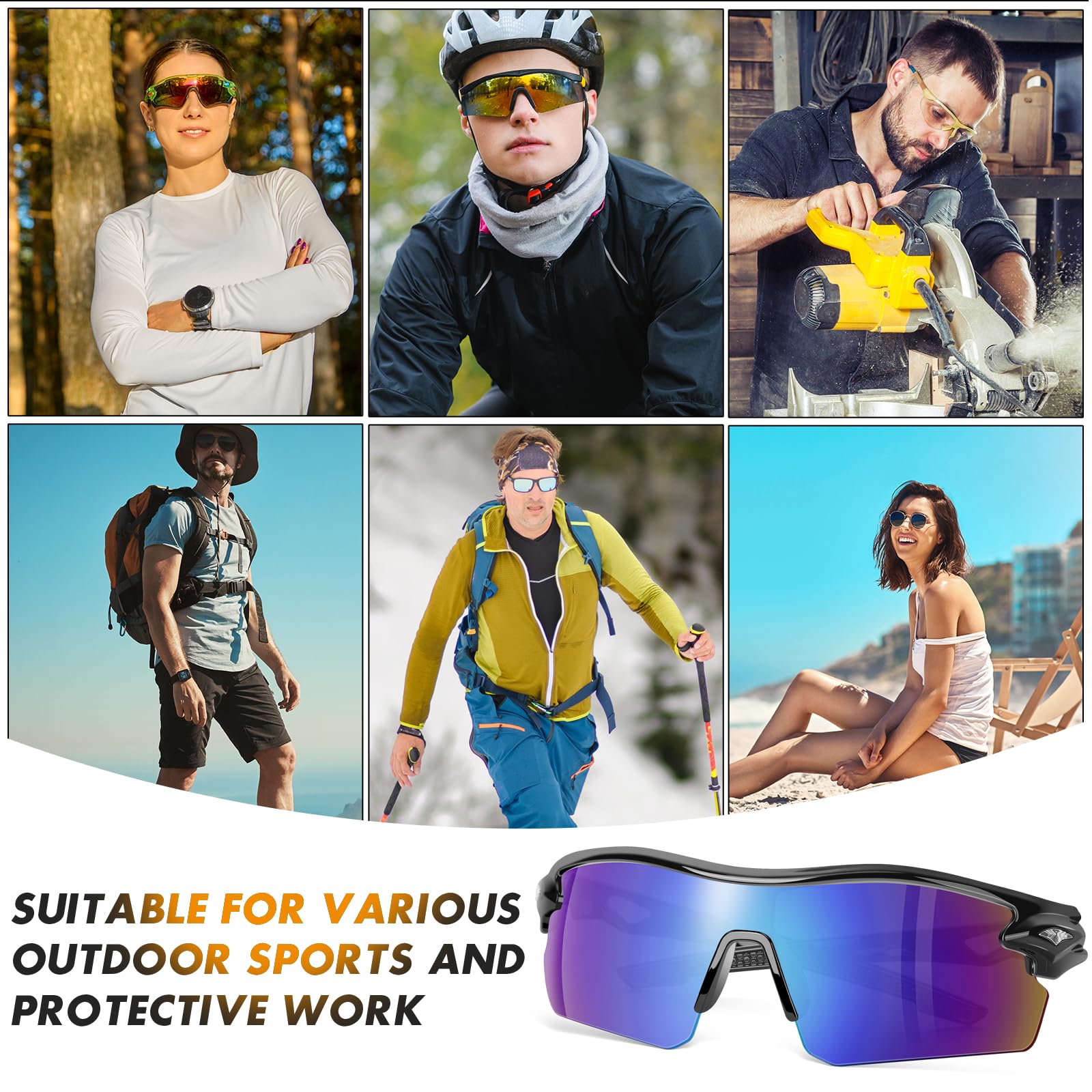 Lot de 6 lunettes de sécurité ANSI Z87.1 + lunettes de protection UV, résistantes aux chocs, anti-rayures, pour homme et femme