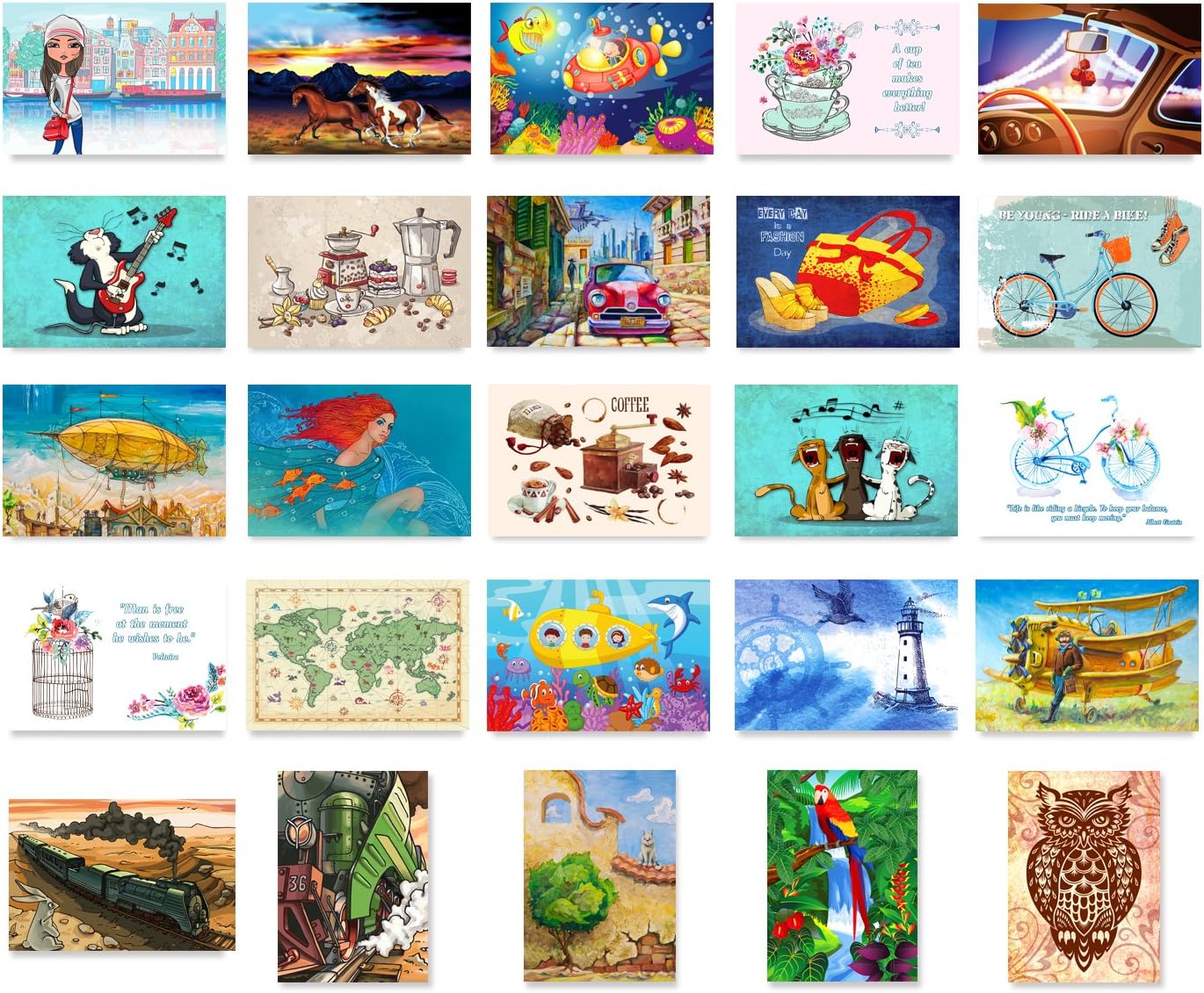 ILLUSTRATIONS postcard set of 50 postcards. Variety pack of fifty post cards, each depicting an illustration. Made in USA.