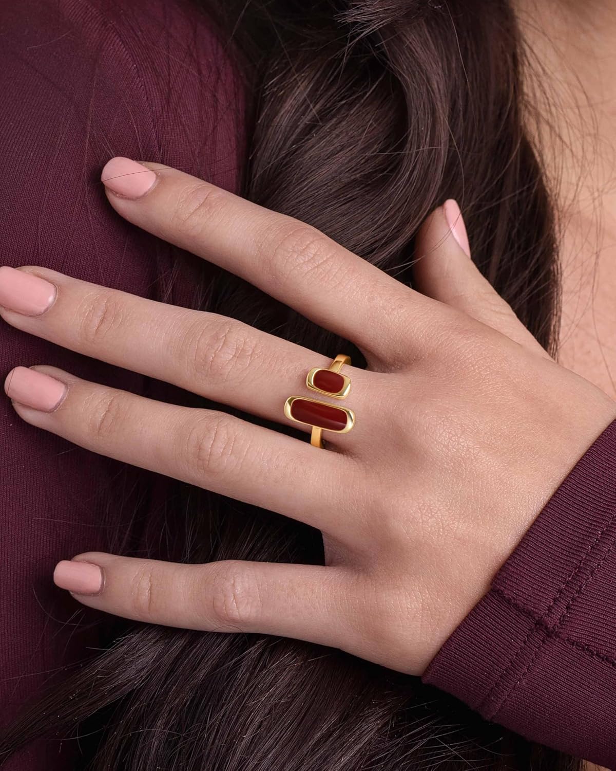 18K Gold Plated Maroon Burgundy Red Enamel Square Rectagnular Adjustable Statement Open Ring for Women by SNGIA, Dainty Irregular Geometric Summer Beach Unique Stackable Wedding Date Birthday Gift, Bohemian Irregular Trendy Navy Jewelry, Textured Patterned Fashion Accessories, Vintage Circular Nickle Free Gifts. - Image 4