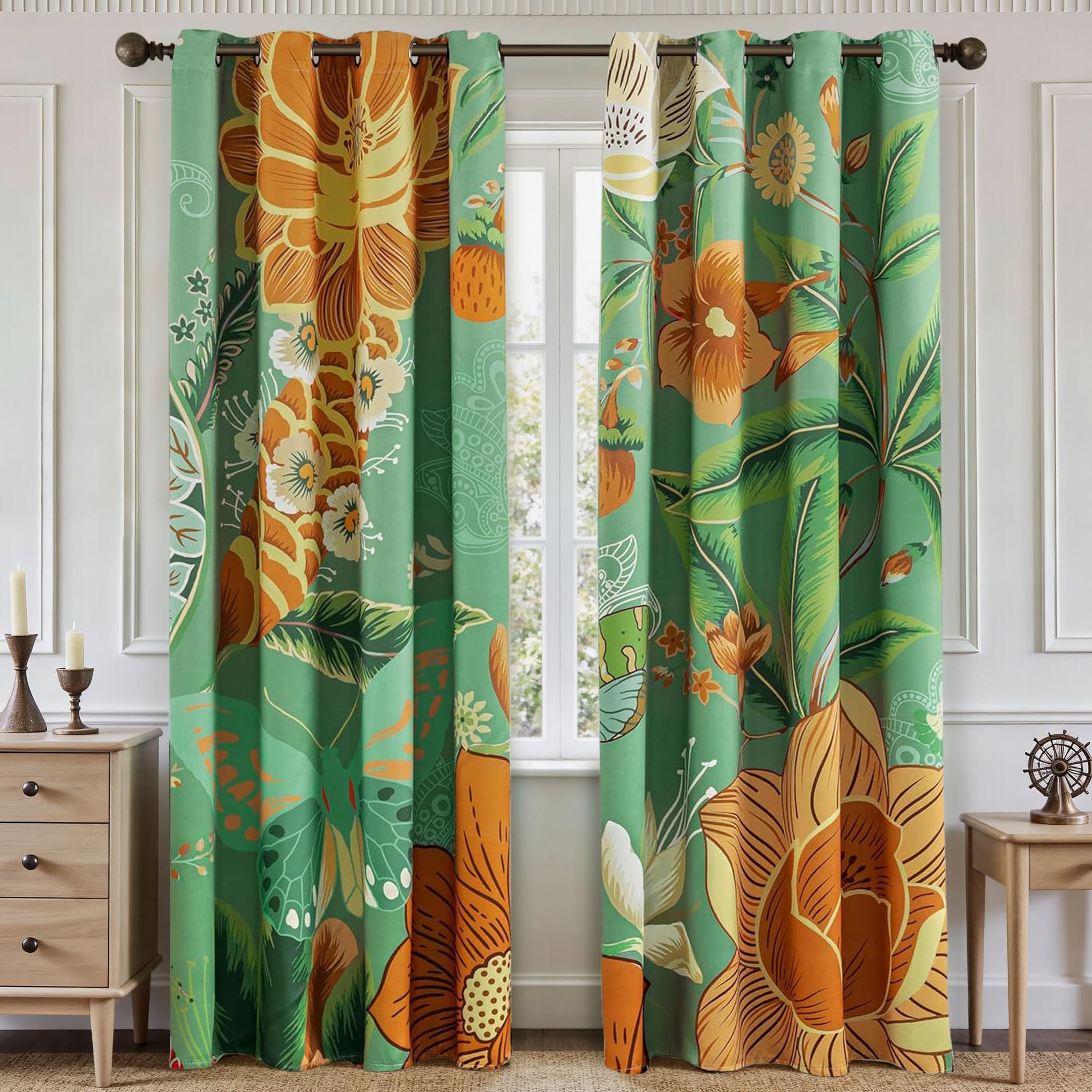 Tyrot Sage Green Floral Butterfly Blackout Curtains, 52W x 96L, 2 Panels