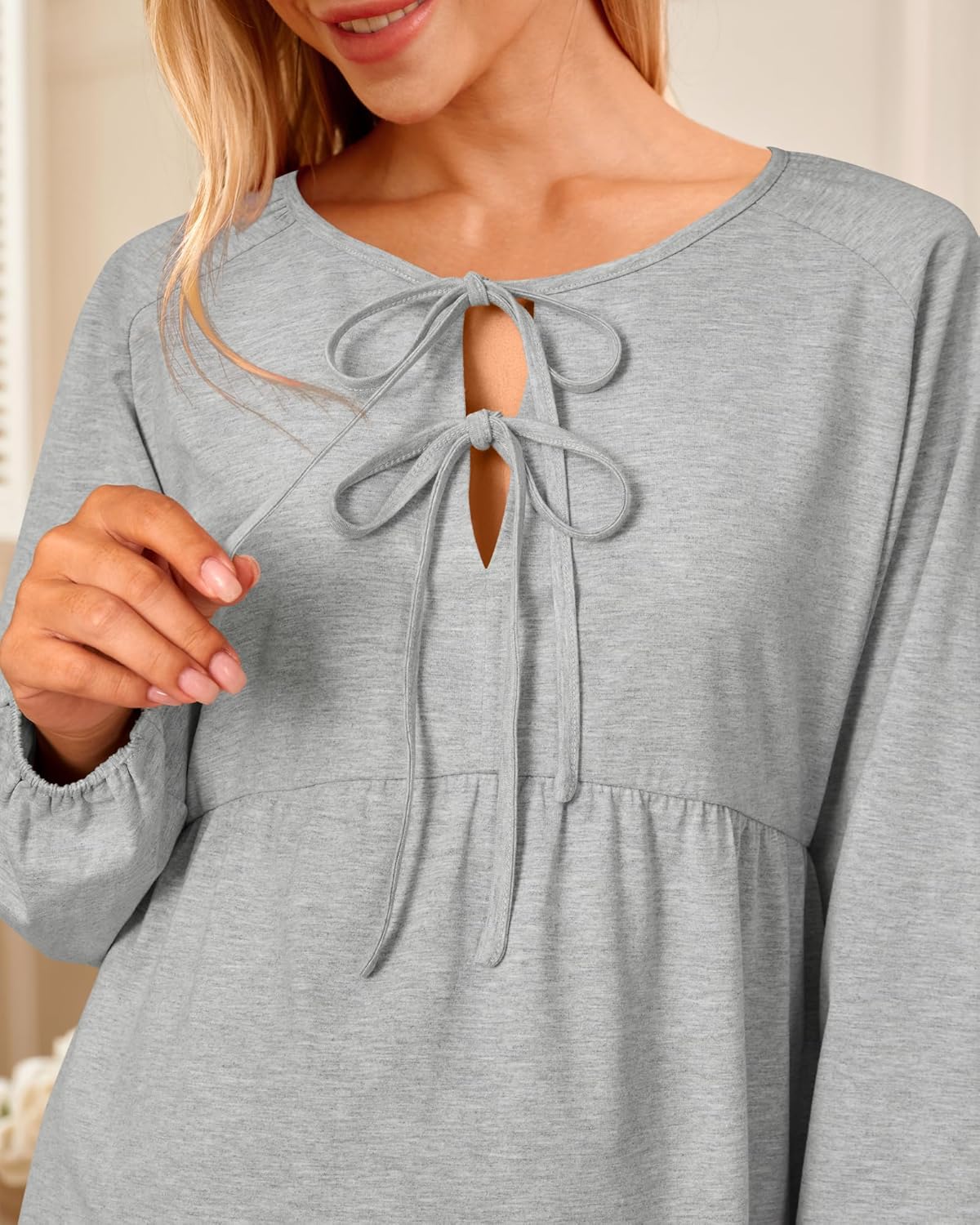 OUGES Womens Cotton Blend Maternity Pajama Sets Tie Front Loungewear Pregnancy Sleepwear Top & Long Pants with Pockets - Image 2