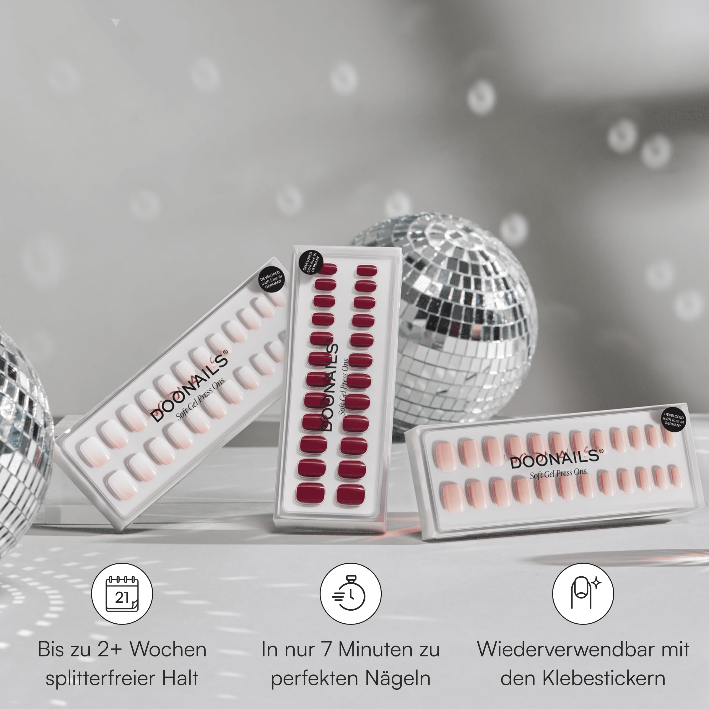DOONAILS Press-On Nails 3×30 Stück – Favorit Color Set: Babyboomer, Latte & Love Paris – Soft Gel, Short Square, Full-Cover Nägel zum Aufkleben in Salonqualität