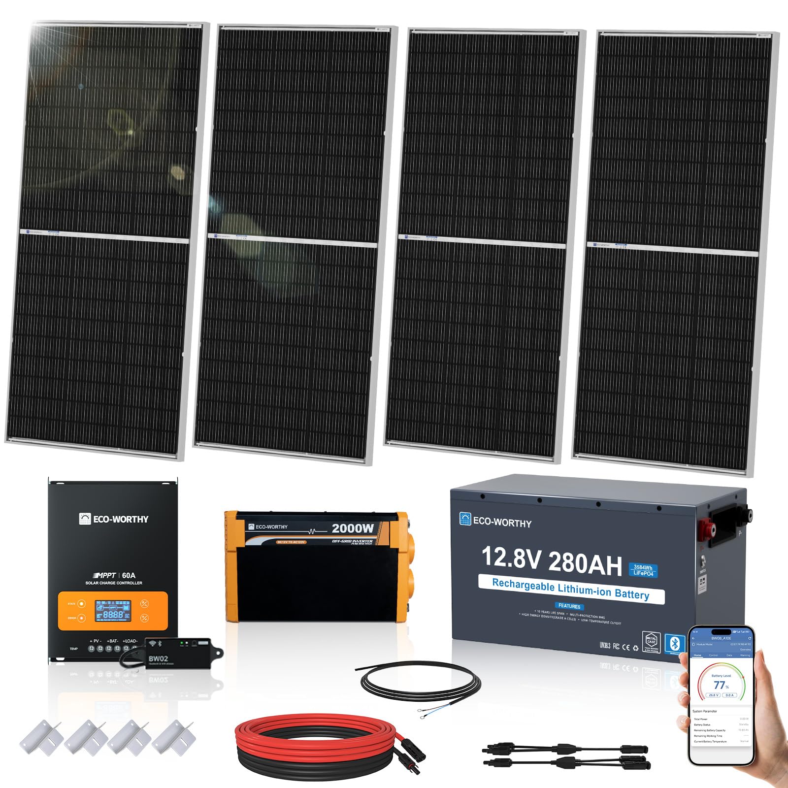 ECO-WORTHY Off Grid Solar System Complete Kit：800W Solar &amp; 3.6kwh Battery