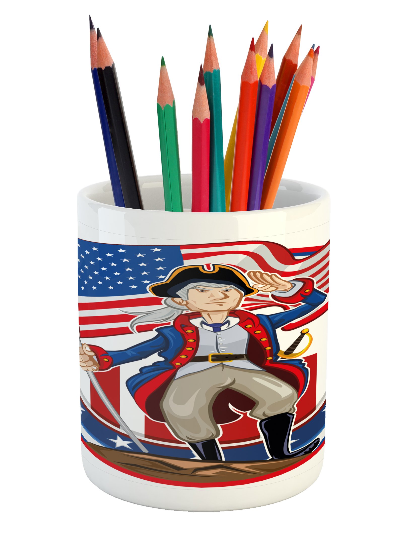 Ambesonne United States Pencil Pen Holder, American Patriot Emblem Cartoon Style Fourth of July Design Country History, Printed Ceramic Pencil Pen Holder for Desk Office Accessory, Multicolor
