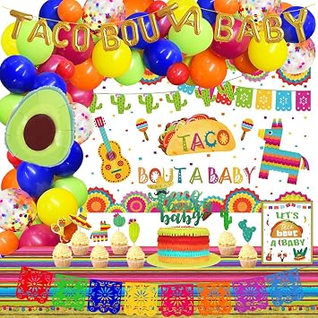 Taco Bout a Baby Decorations, 124 PCs Mexican Baby Shower Decorations, Fiesta Backdrop Balloon Banner Tablecloth Cake Cupcake Topper Poster for Cinco De Mayo Party Supplies