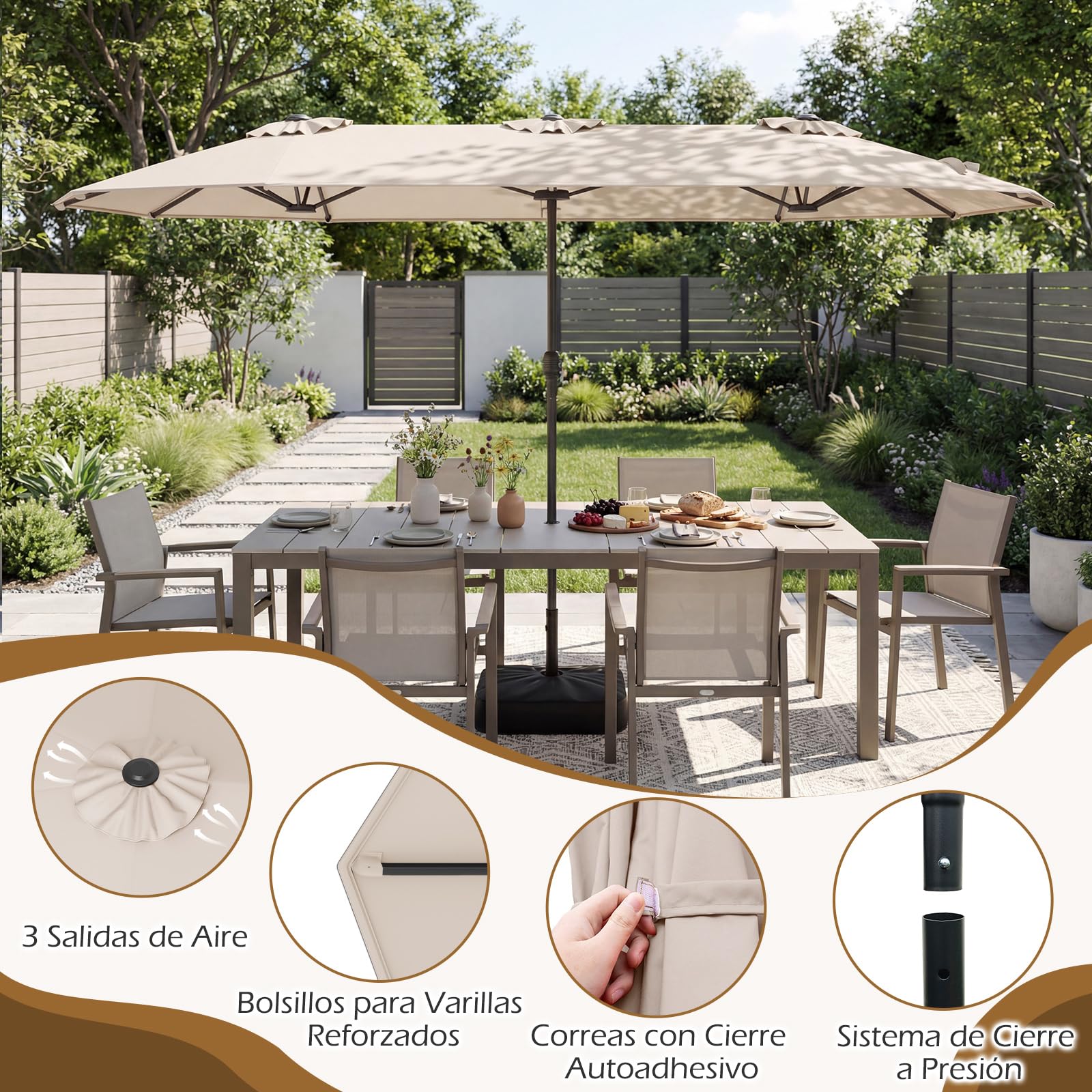 COSTWAY Sombrilla Doble Terraza Exterior 400 x 200 cm, Parasol Jardin Grande con Base Rellenable, Manivela, 12 Varillas, Sombrilla de Patio