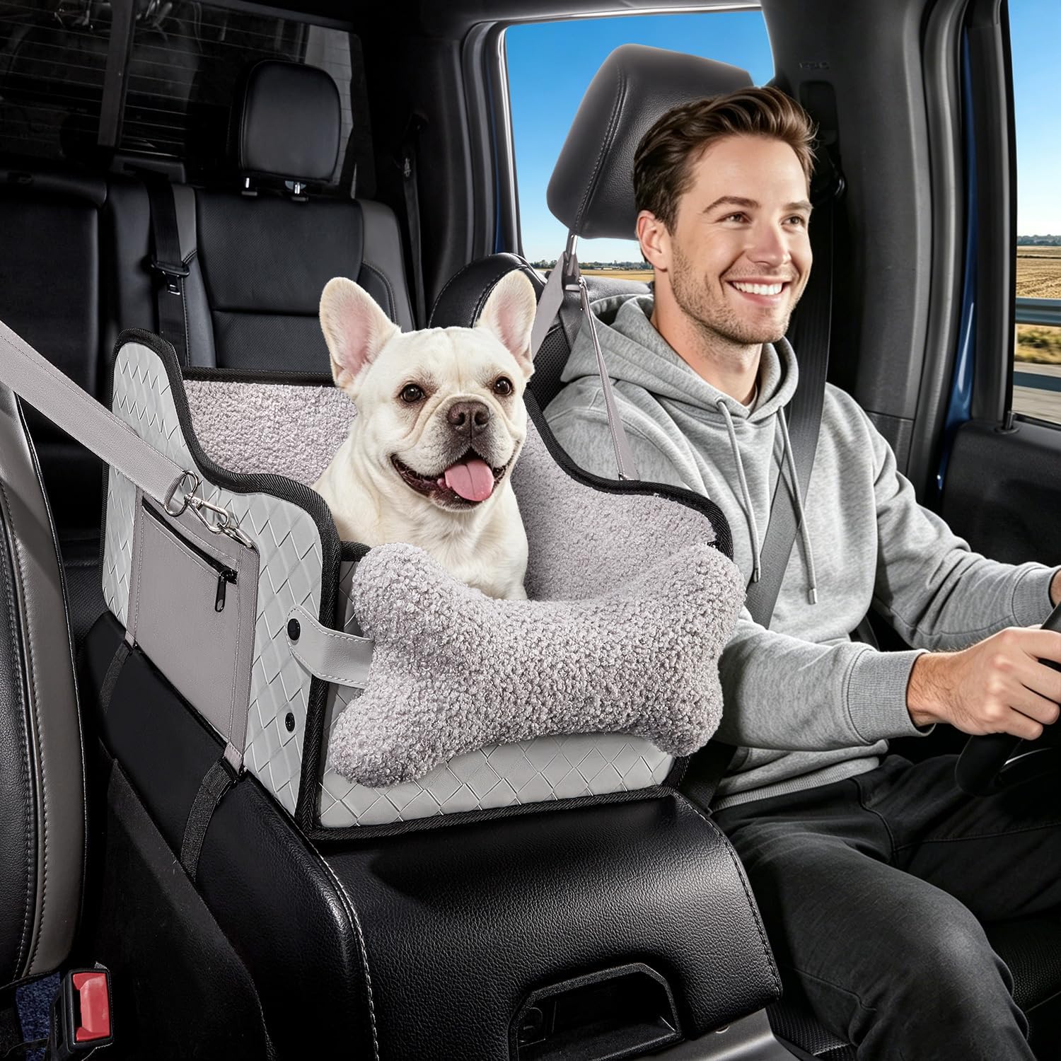 Center Console Dog Car Seat,Pet Puppy Middle Console Dog Car Seat for Small Dogs (Grey, Large)