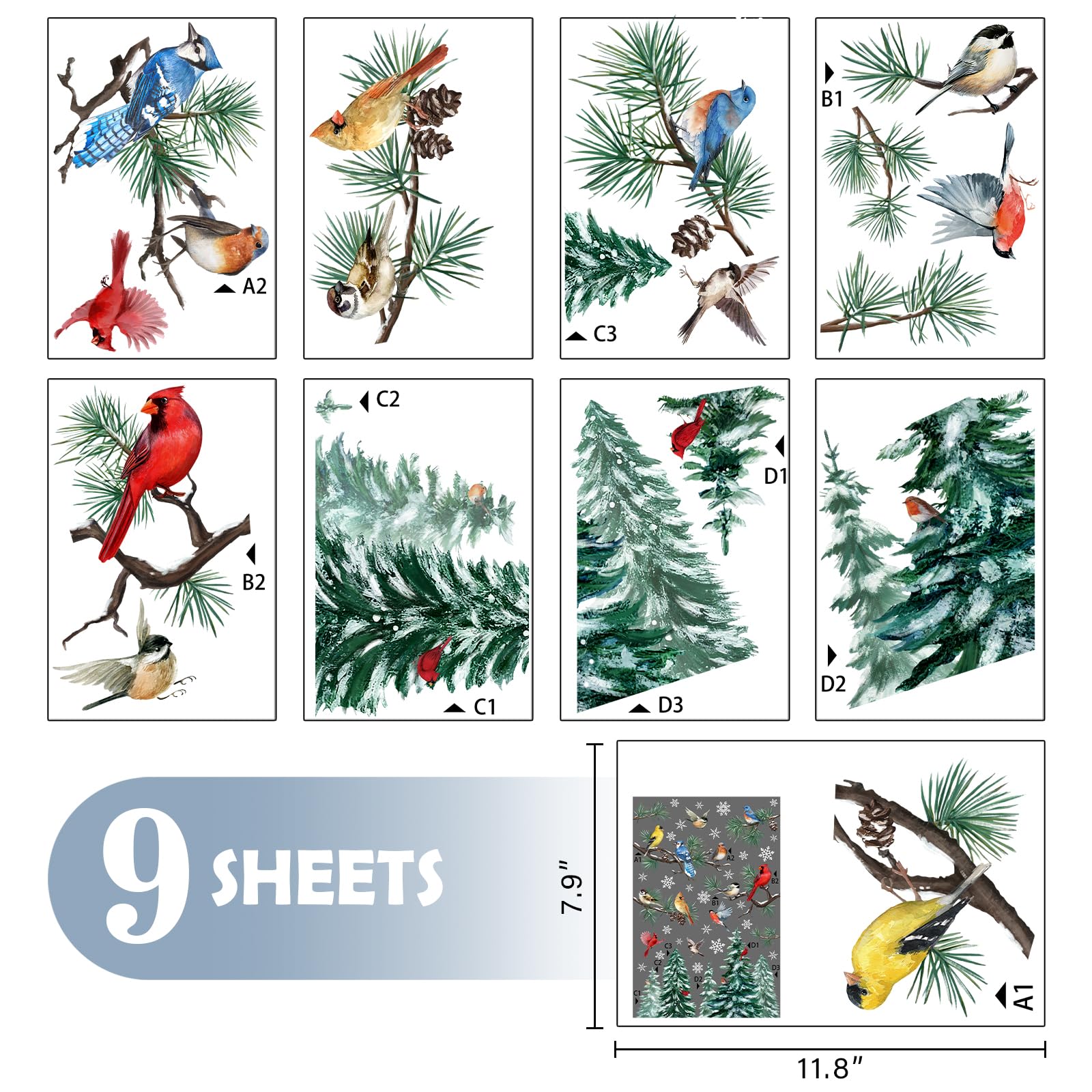 Mfault 187 PCS Winter Birds Pine Tree Branch Window Clings 9 Sheets, Xmas Red Cardinal Blue Chickadee Wall Stickers Decal Decorations, 2025 New Year Christmas Holiday Living Room Home Kitchen Decor