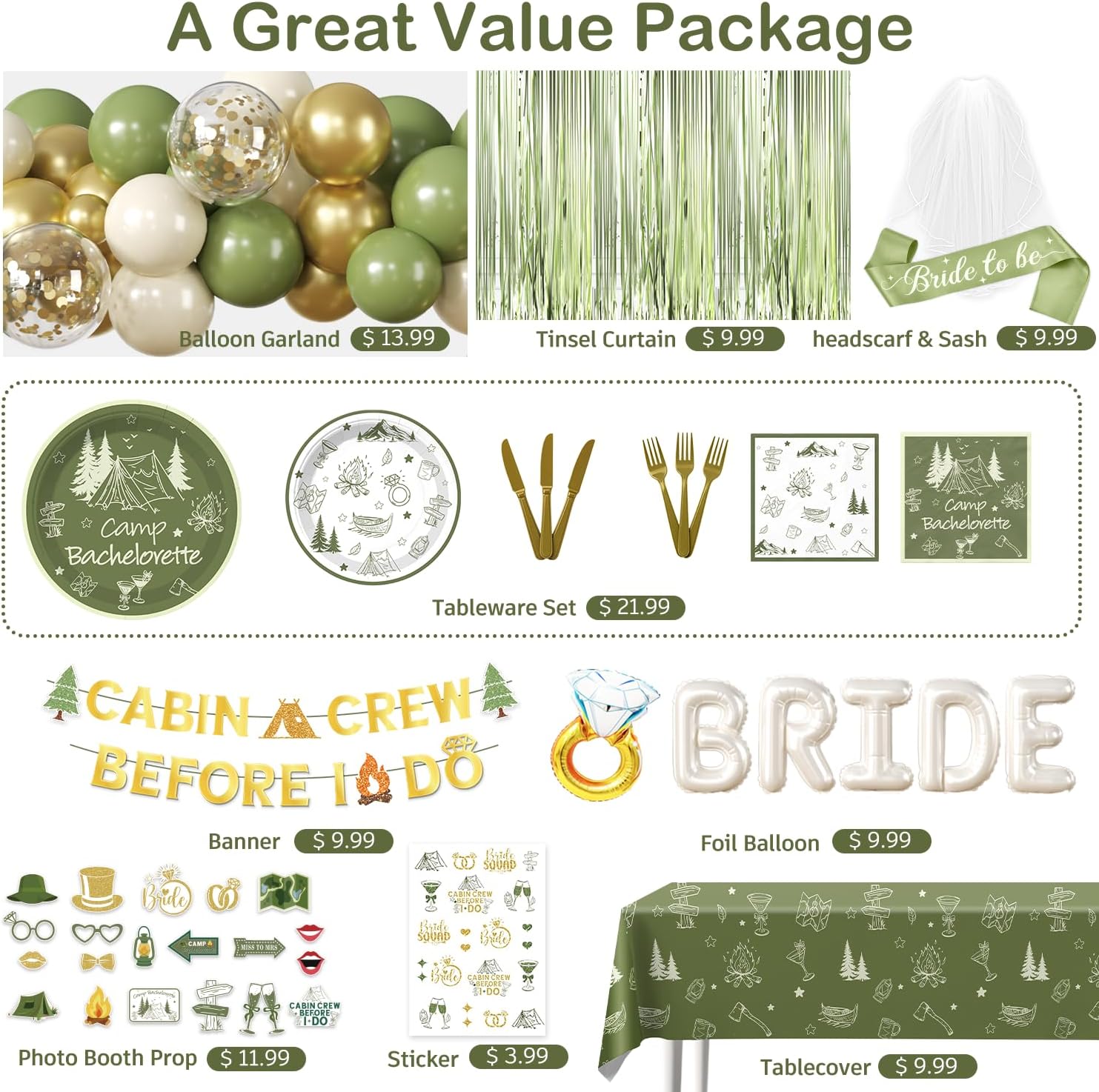 cocomigo 244 PCS Camp Bachelorette Decorations, Hassle-Free One-Stop Set for 25 Guests, With Balloon, Banner, Photo Props, Tattoos, Plates and Napkins, Easy Setup for Camp Bachelorette Party