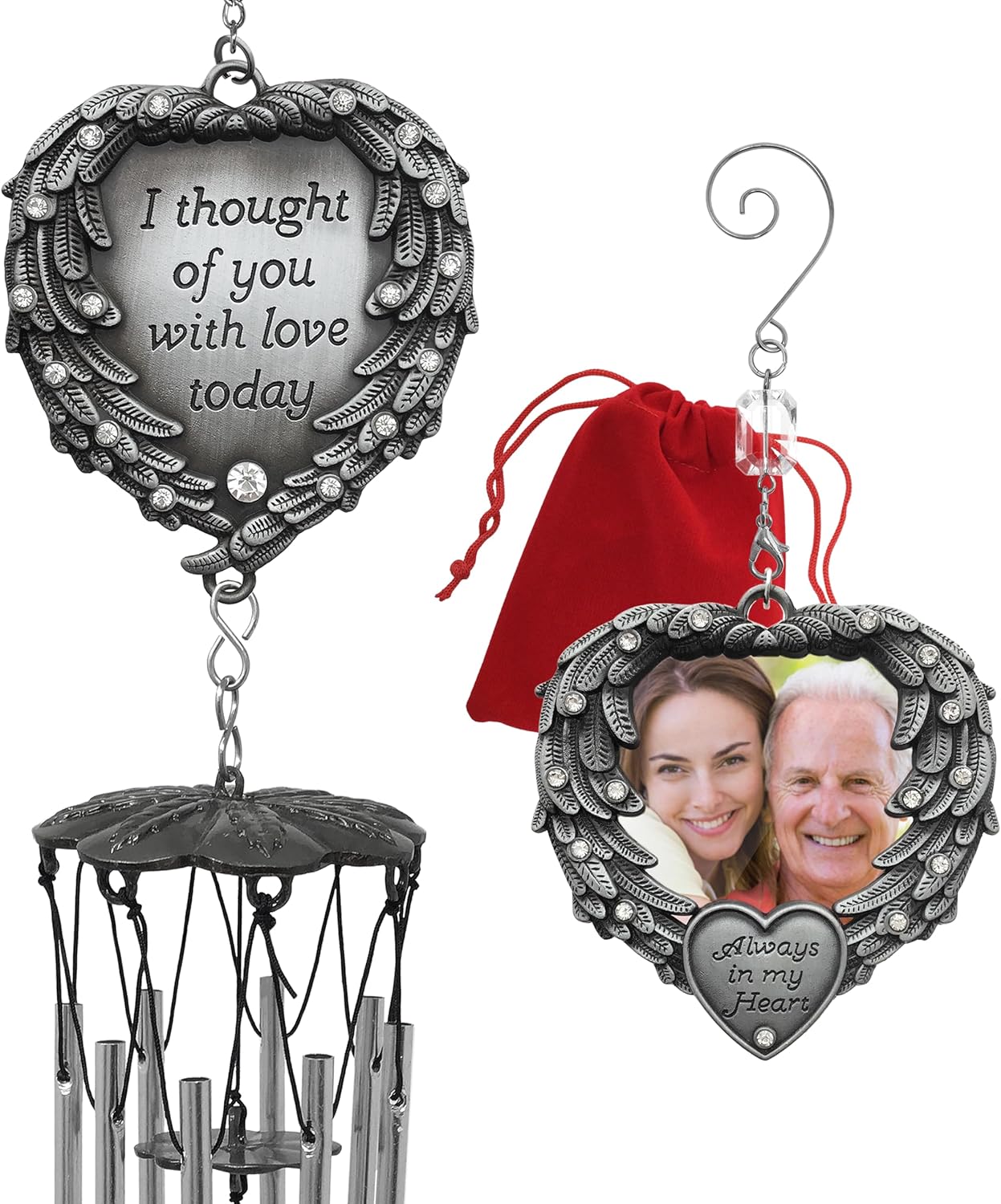 Sympathy Memorial Gift Set - Windchime and Remembrance Photo Ornament - I Thought of You with Love Today Engraved on The Windchime - Angel Wings in Loving Memory Ornament - 2" Photo