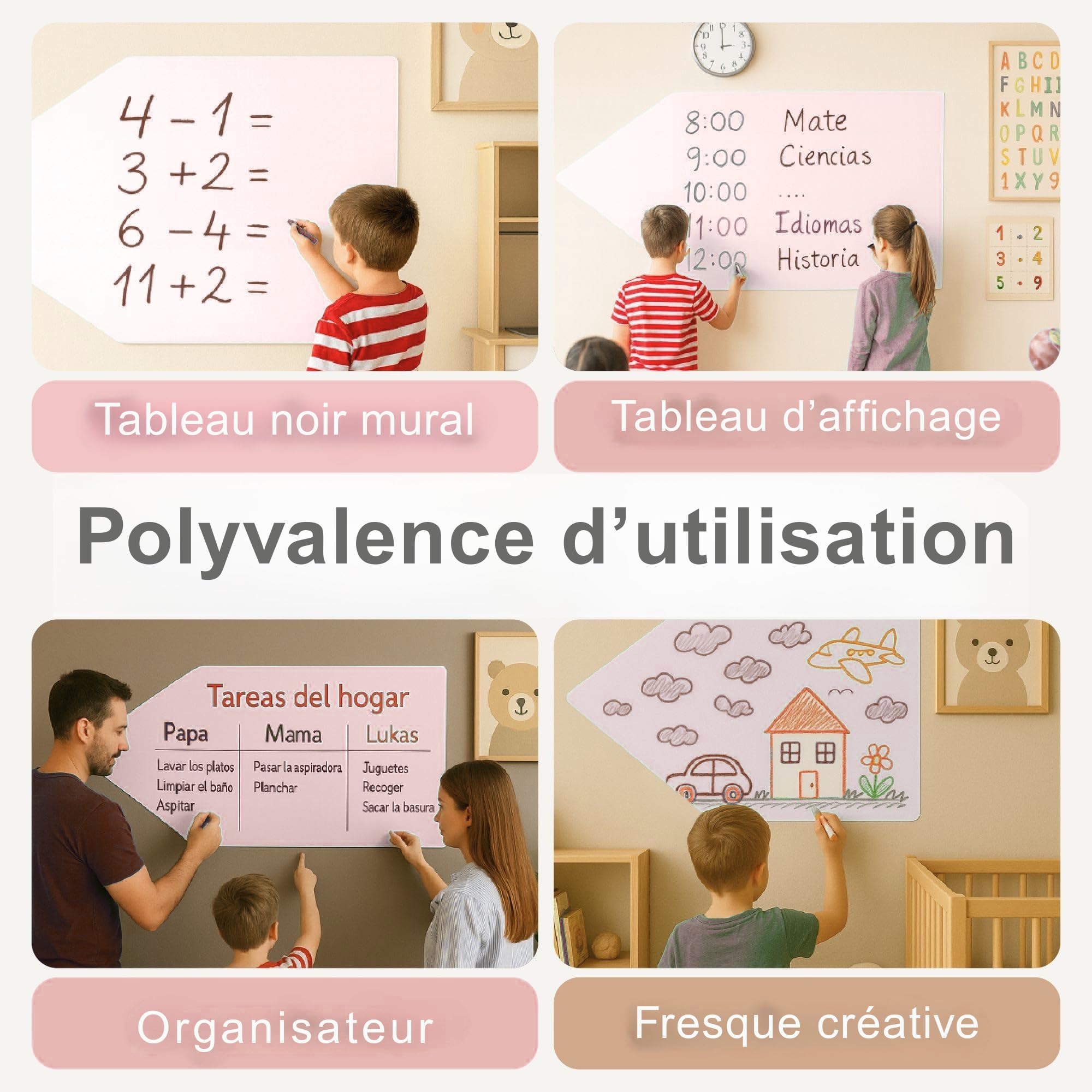 tableau magnetique enfant – tableau magnétique mural enfant en forme d’arche, tableau mural adhésif et réutilisable (Rose coton)