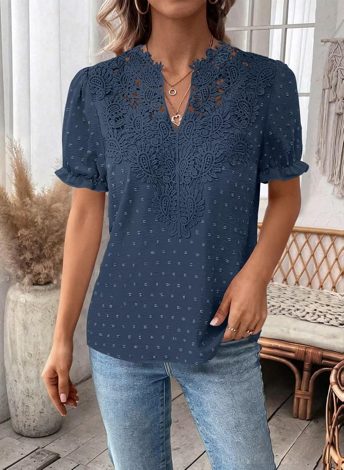 Falechay Womens Summer Tops Boho Short Sleeve Shirts V Neck Casual Chiffon Blouses Flowy Lace Hem Spring Clothing Trendy 2025