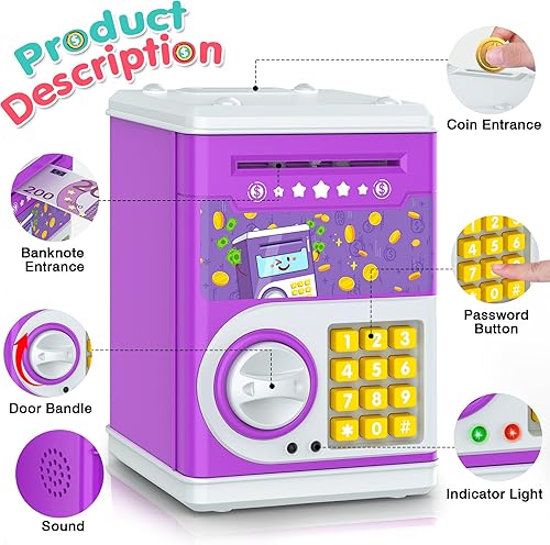Miniatura 32 de Alcancía azul para niños, banco electrónico de monedas, tarro de dinero seguro para niños de 4 7 8 9 10 11 años con bloqueo de código de contraseña
