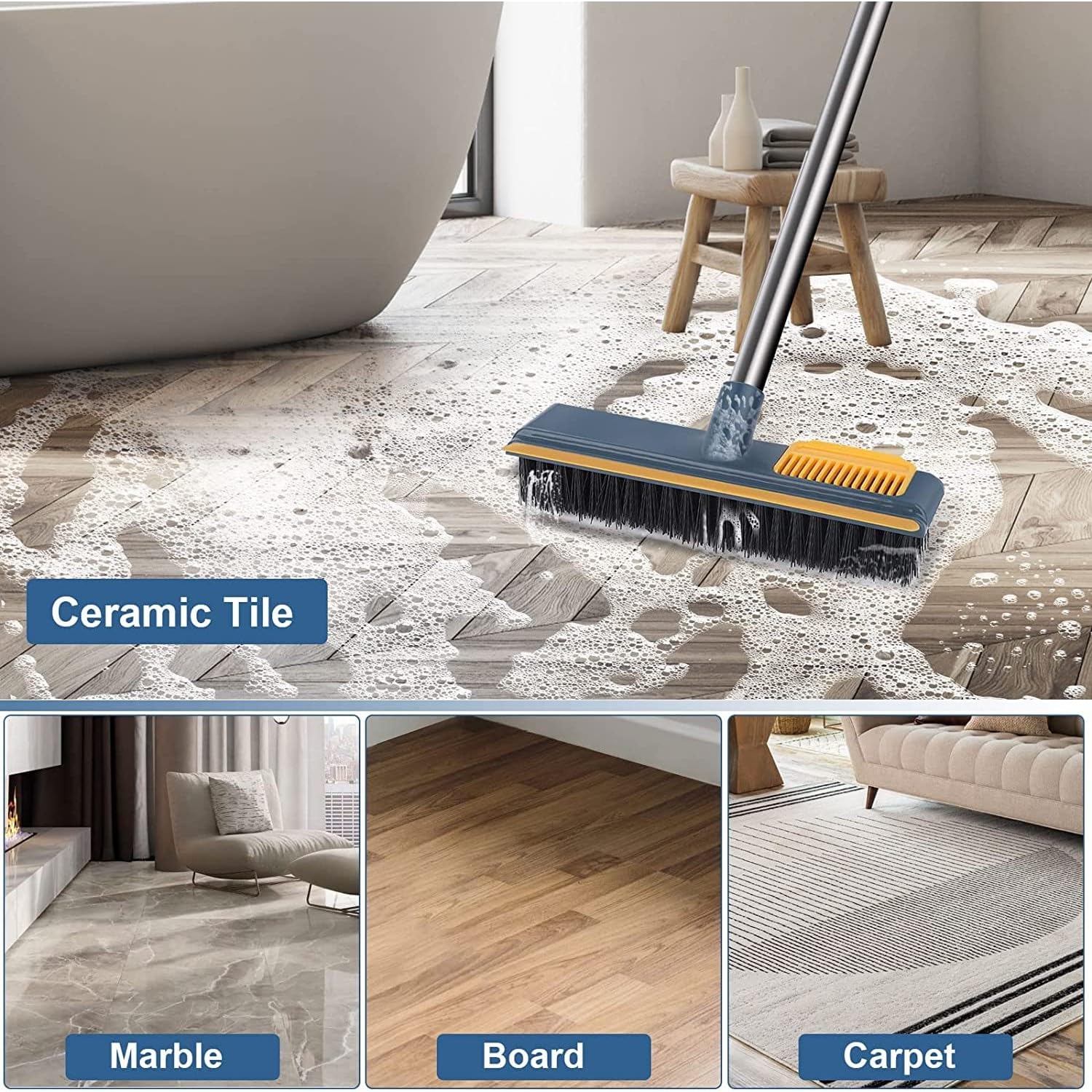 PN ONLINE ZONE Floor Scrub Brush with Comb Teetch and Squeegee, 44" Stiff Bristle Deck Brush, 2-in-1 Floor Scrubber Cleaning Grout Brush for Tile Bathroom Shower Patio and Kitchen 2