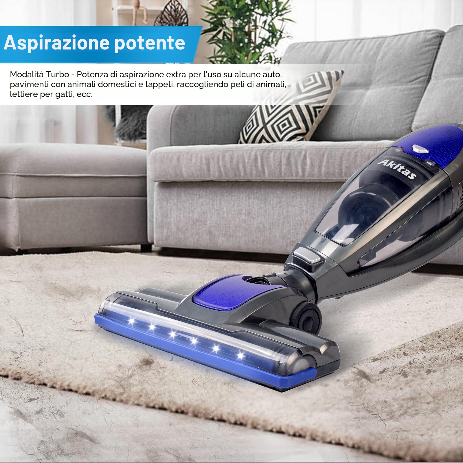 Akitas U10 2in1 Potente Aspirapolvere Senza Fili Scopa Elettrica Verticale a Batteria Leggero 22,2v 150W con Batteria al Litio Ricaricabile per Pavimenti, Tappeti e Peli degli Animali Domestici