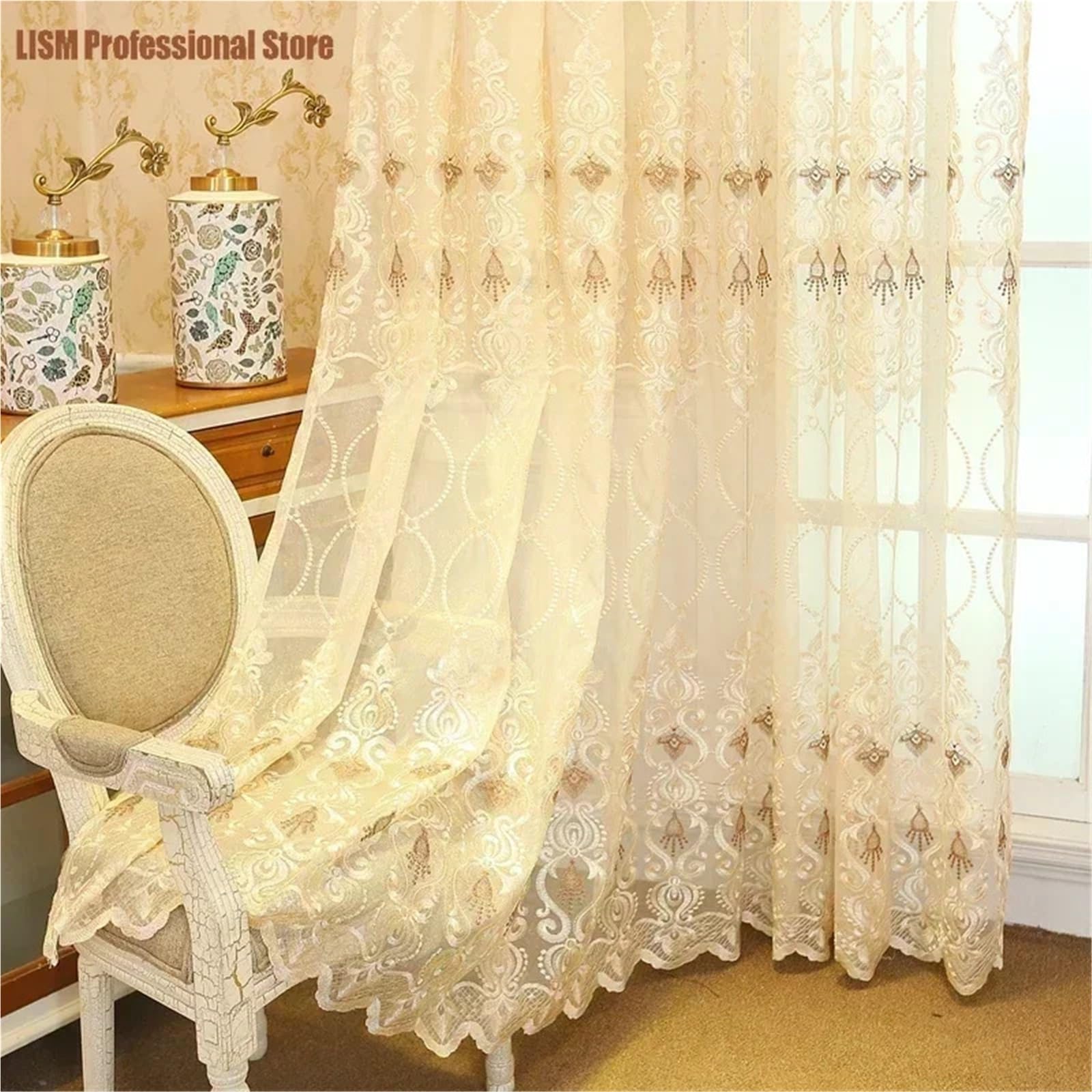 Voilage dentelle dorée transparent style chic avec œillets pour fenêtres de chambre