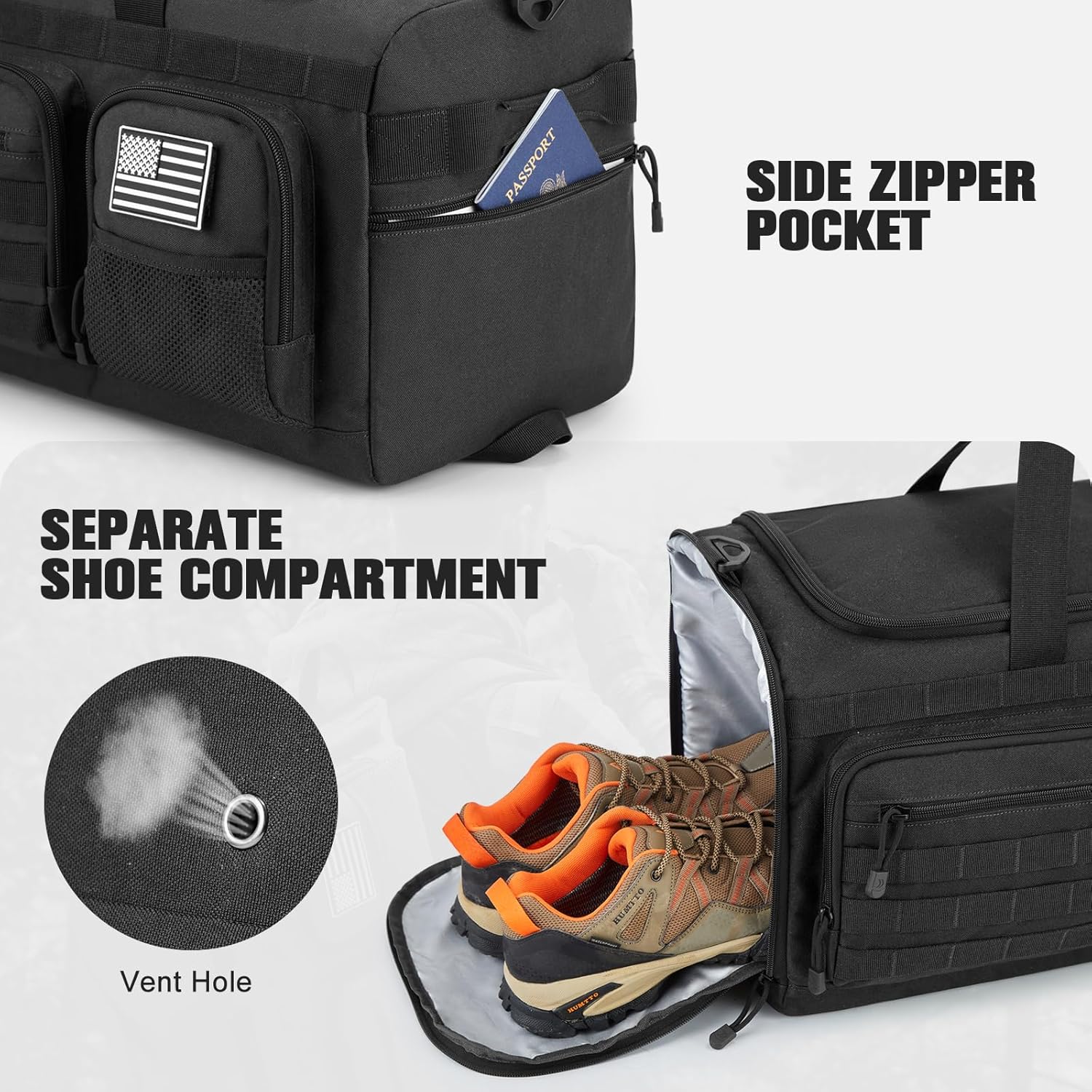 G4Free 3-in-1 Travel Duffle Bag for Men and Women, 50L Large Gym Sports Bags Tactical Military Duffle Backpack with Shoes Compartment and Wet Pocket (Black) - Image 5