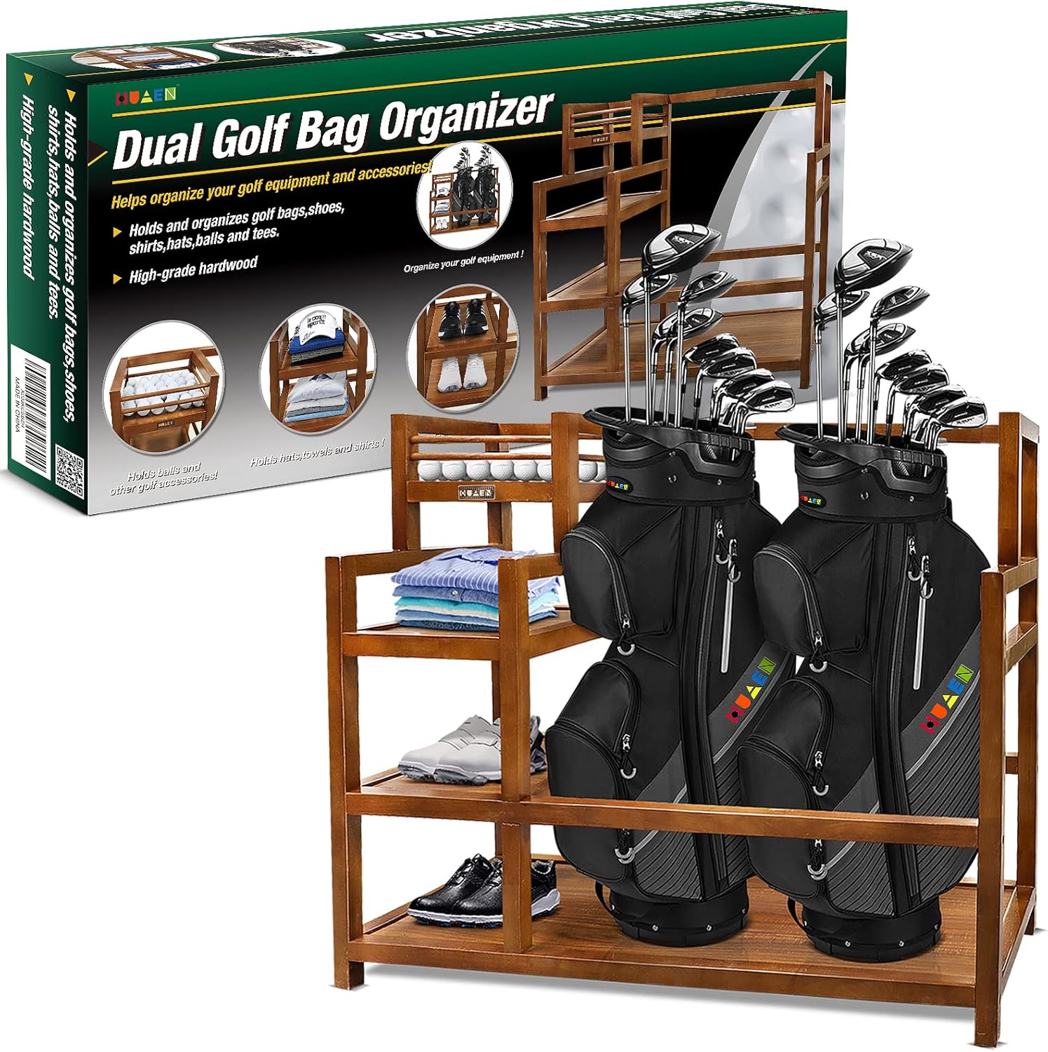HUAEN Wooden Golf Storage Garage Organizer Golf Bag