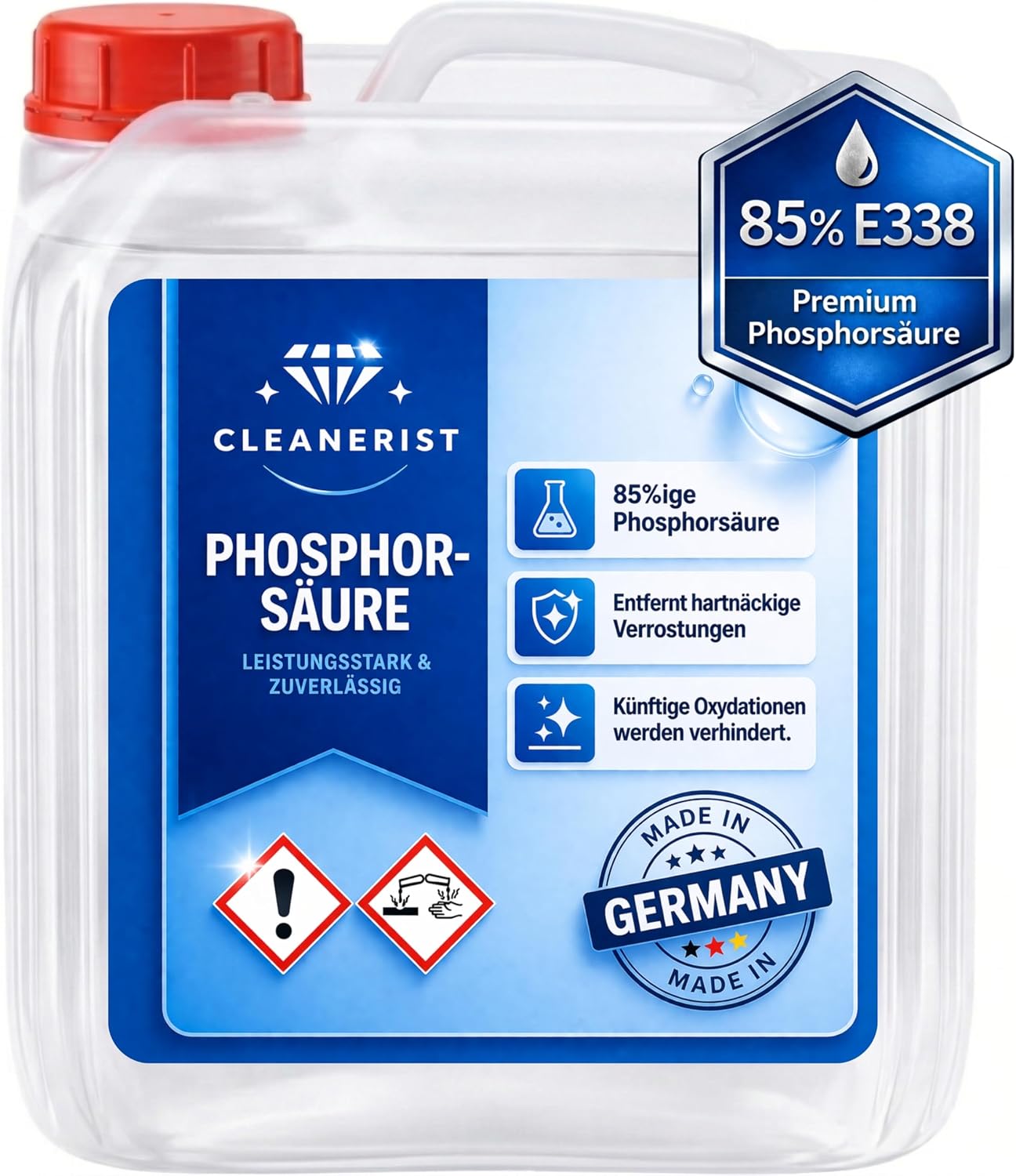 Cleanerist Phosphors ure 85% H3PO4 E338 5 Liter Kanister inkl Ausgie er   Hochwirksamer Rostumwandler Kalkl ser Urinsteinl ser f r Metall Pflege Sanit ranlagen Reinigung   Profi Premium Qualit t