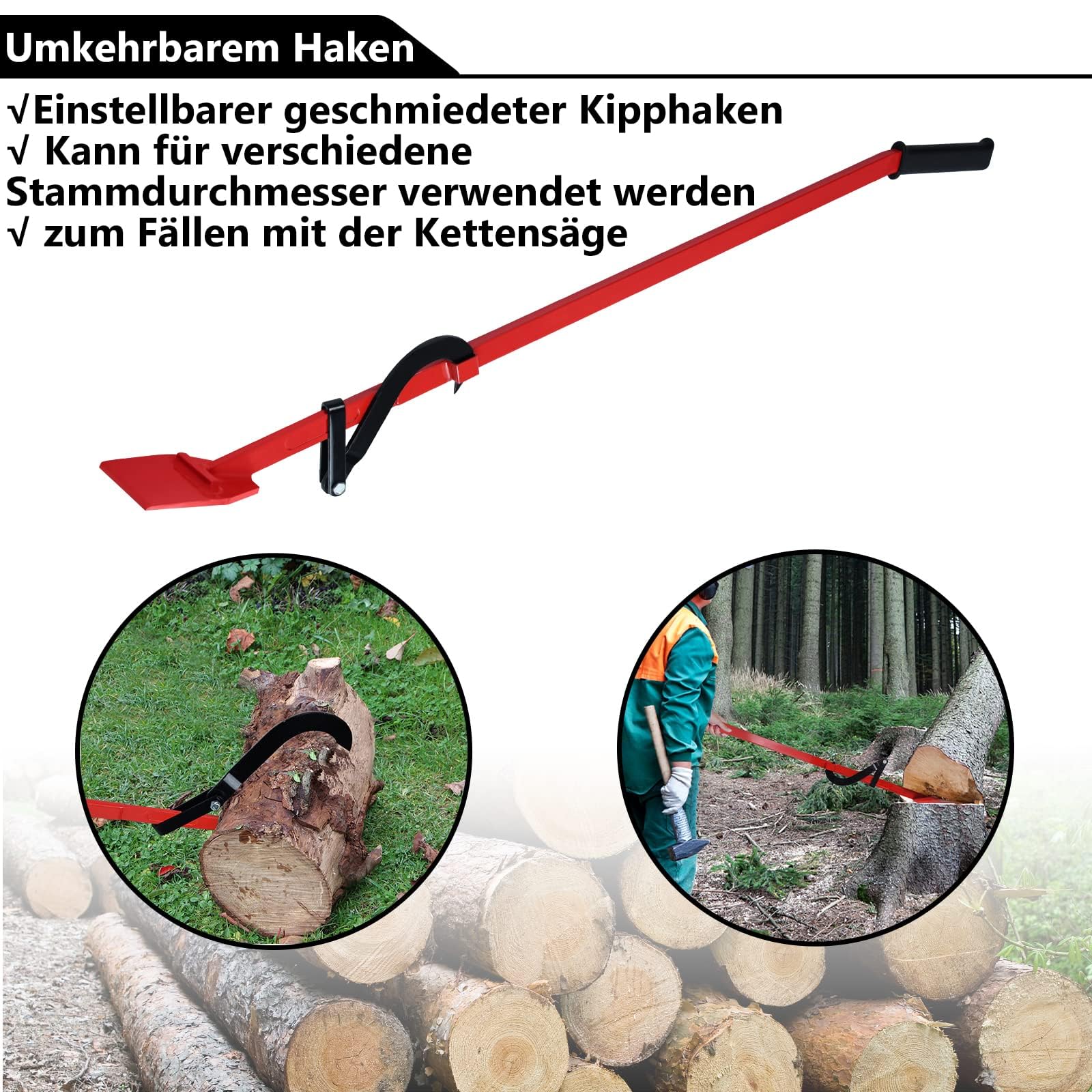 UISEBRT 130 cm in acciaio ad alta resistenza con gancio reversibile e impugnatura in gomma antiscivolo – paletta per tronchi, carico massimo 250 kg – gancio di sollevamento manuale girevole